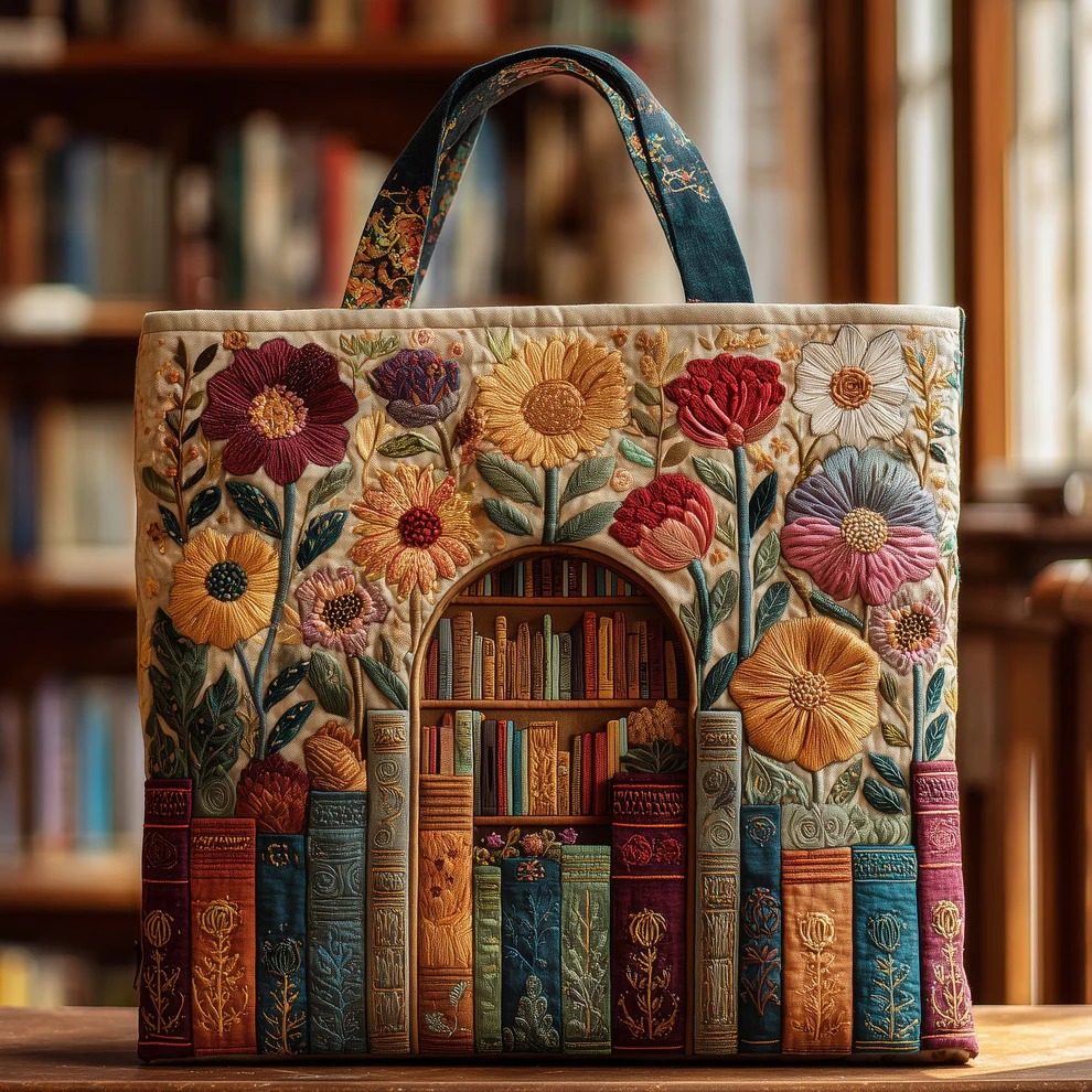 Blooming Bookshelf Garden Arch Quilted Tote Bag Floral Literary Reader Botanical Nature Gift For Her