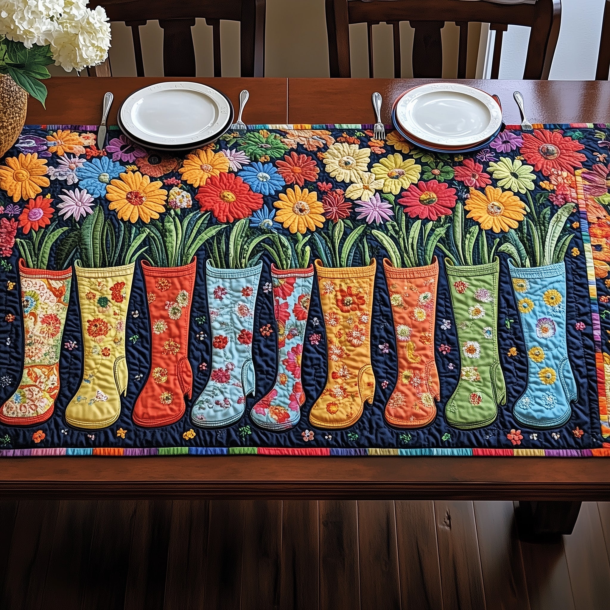 Blooming Boots Parade Quilted Table Runner Cozy Christmas Table Runner