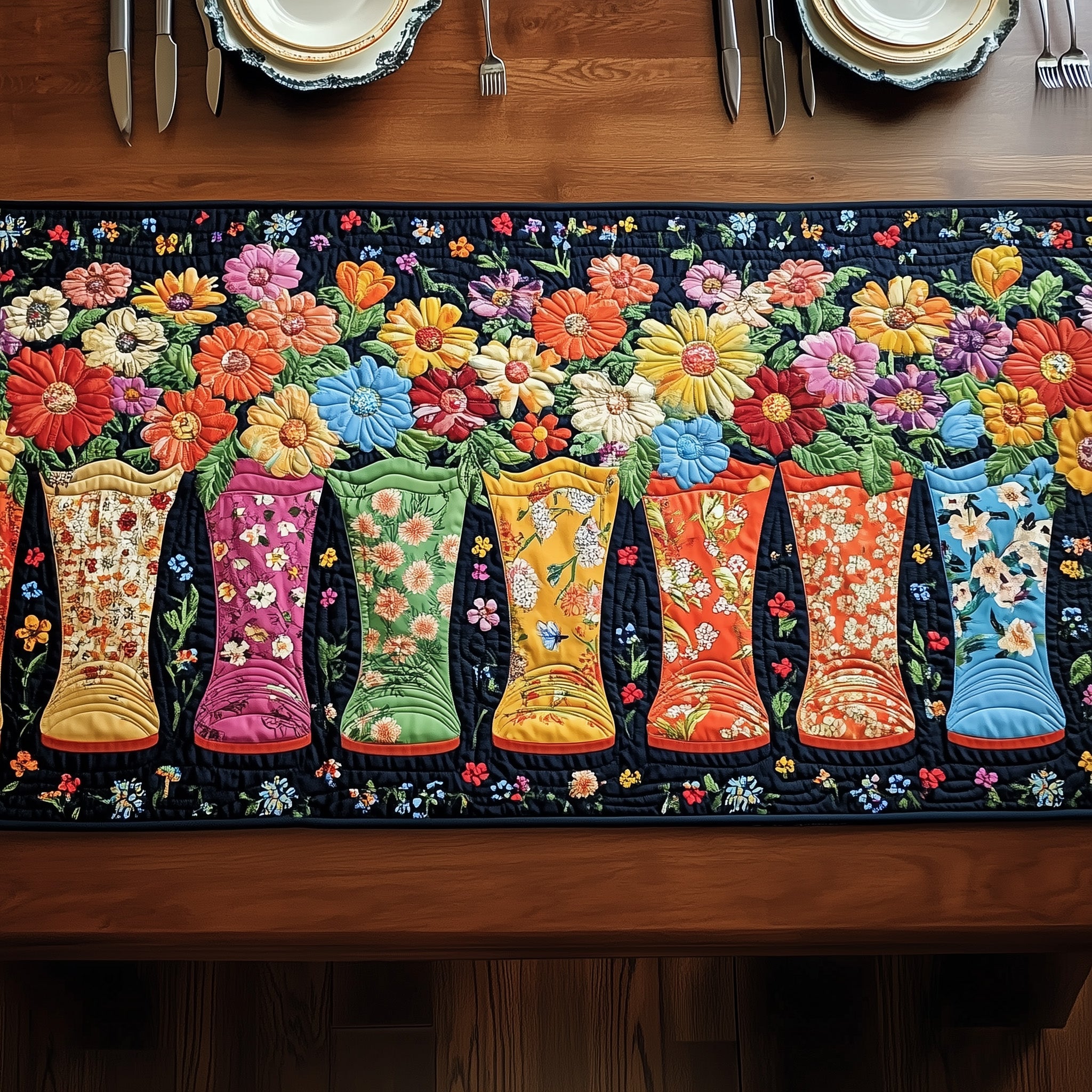 Blooming Boots Parade Quilted Table Runner Holiday Season Table Runner