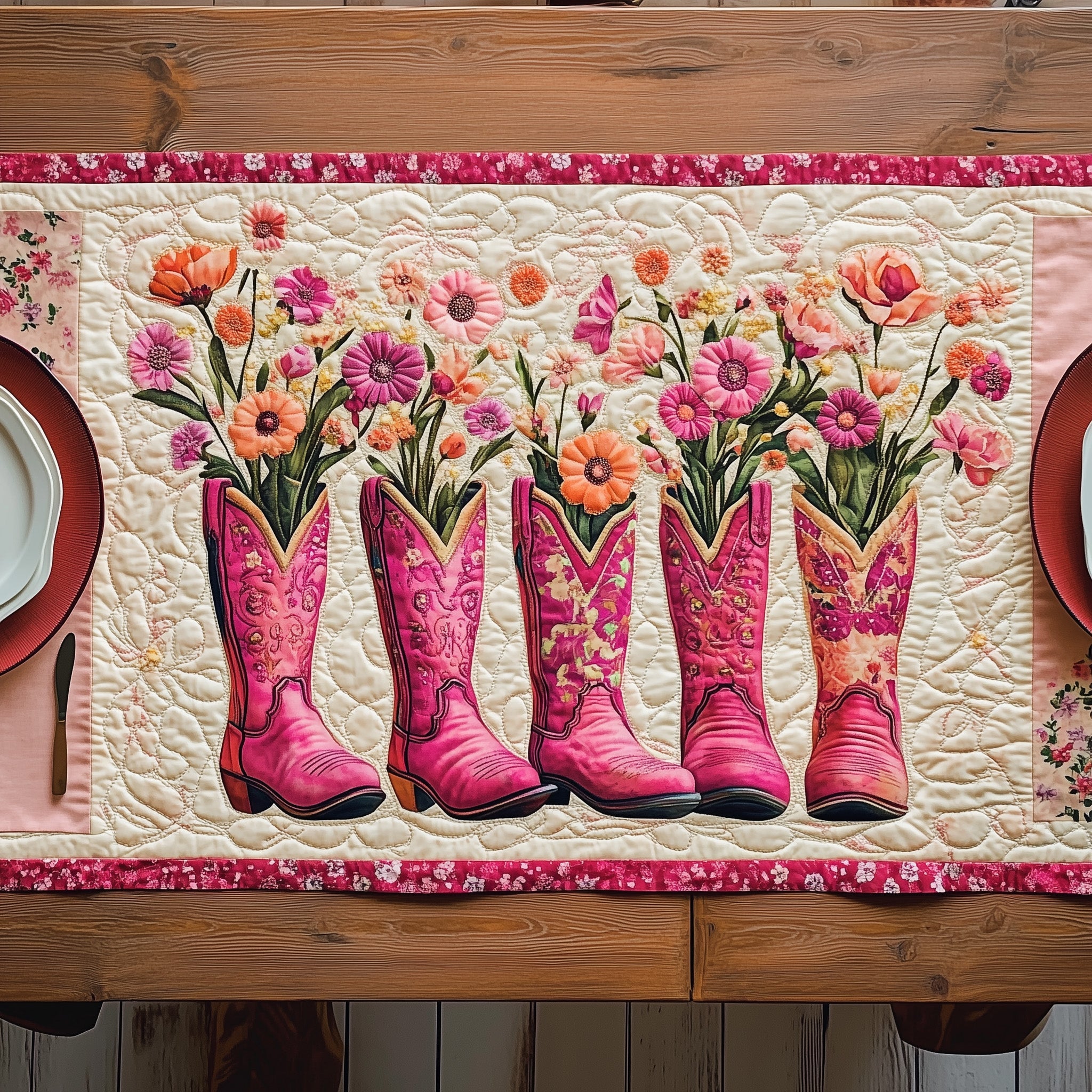 Blooming Boots Parade Quilted Table Runner Merry Christmas Table Runner Decor