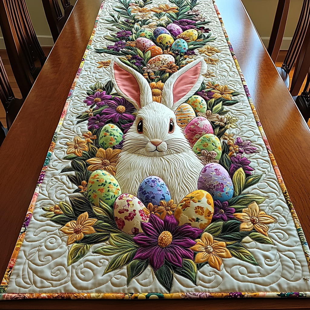 Blooming Bunny Quilted Table Runner Easter Dinner Decor Funny Gifts For Friends