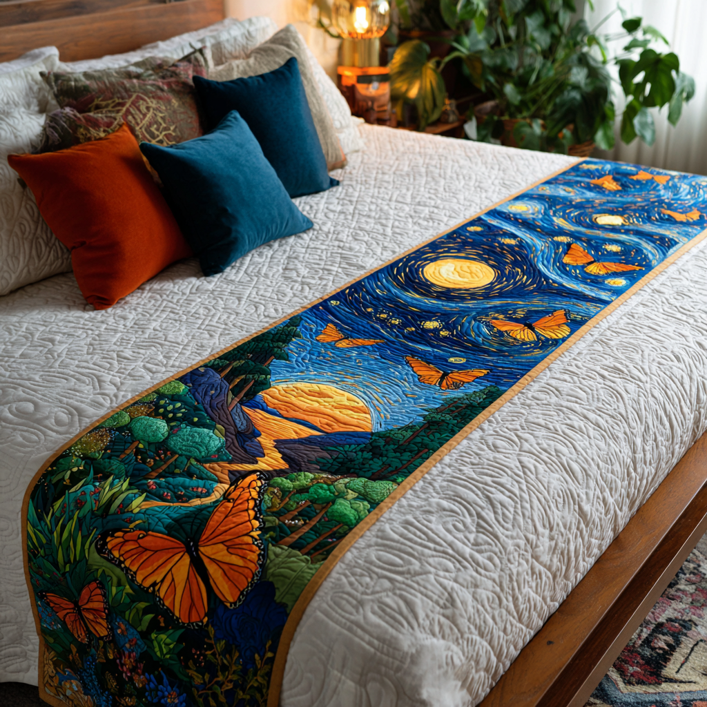 Blooming Butterfly Quilted Bed Runner Bed Decor Gift For Butterfly Lover