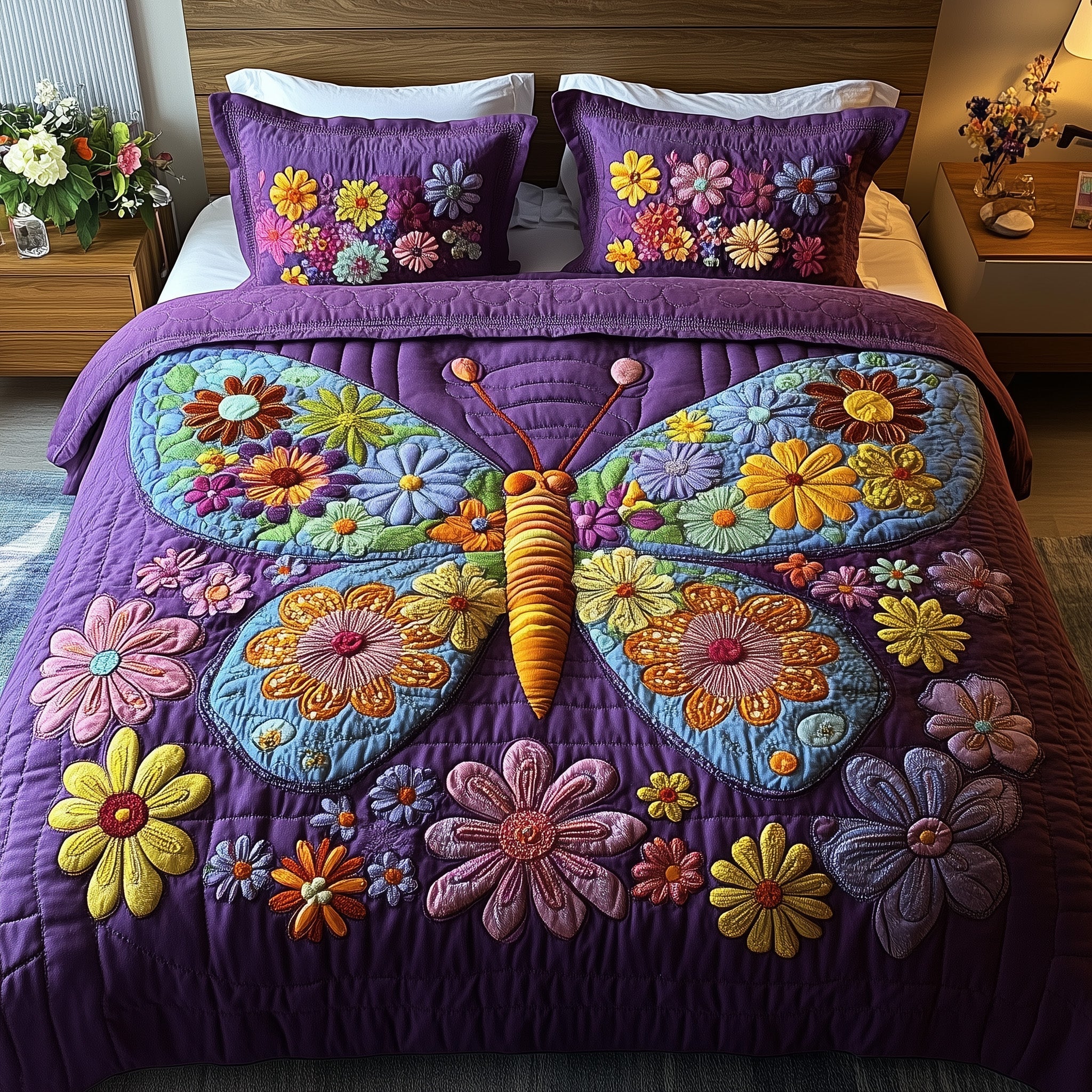 Blooming Butterfly Quilted Bedding Set Duvet Cover Bedspread Birthday Gifts For Butterfly Lovers