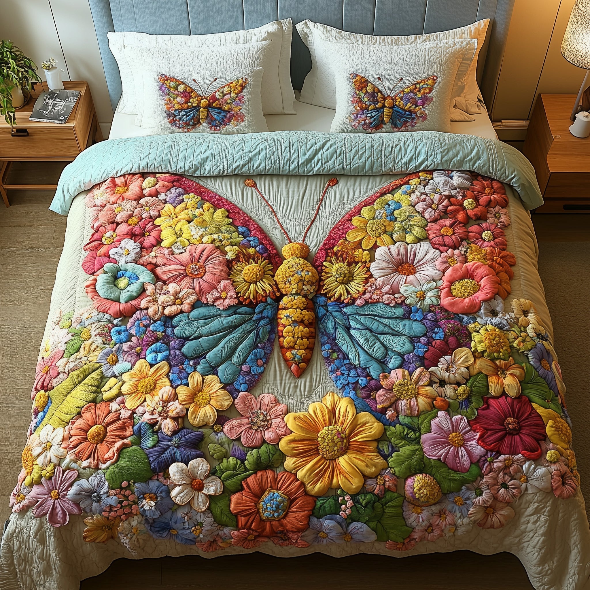 Blooming Butterfly Quilted Bedding Set Duvet Cover Bedspread Birthday Presents For Butterfly Lovers