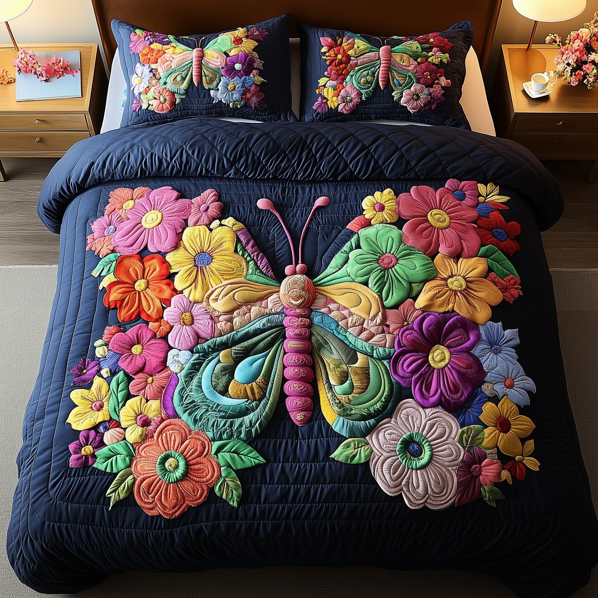 Blooming Butterfly Quilted Bedding Set Duvet Cover Bedspread Unique Best Gifts For Butterfly Lovers