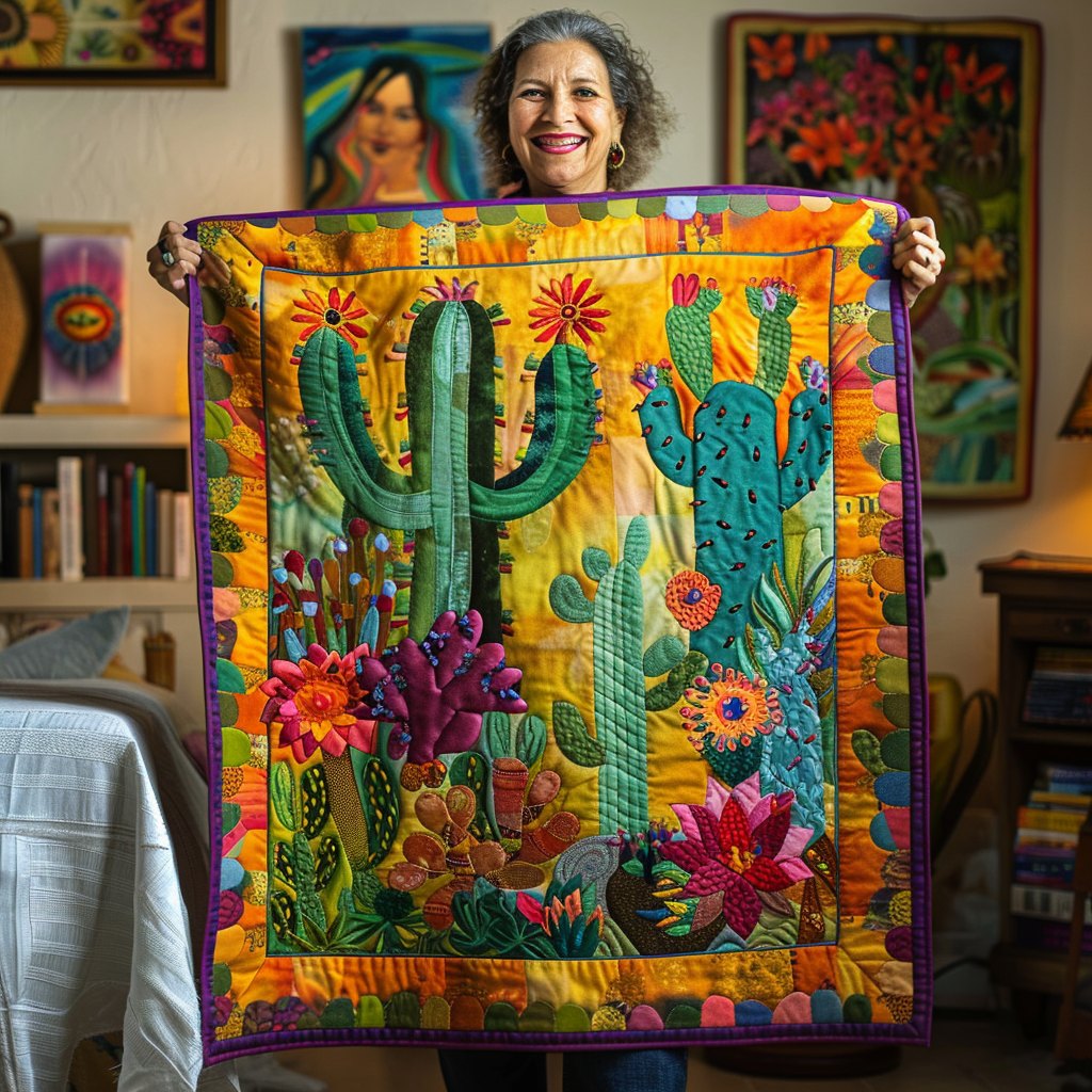 Blooming Cacti Quilted Blanket Cute Christmas Blankets