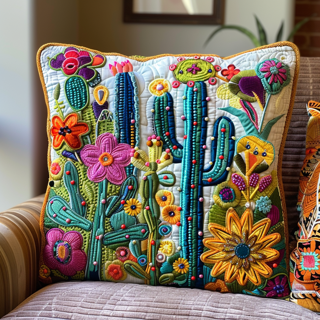 Blooming Cacti Quilted Pillow Case Cover Unique Cactus Gift Ideas