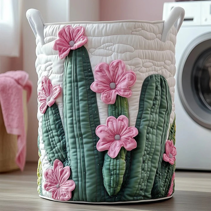 Blooming Cactus Desert Quilted Laundry Basket Boho Home Organizer Best Gift For Cactus Plant Lovers