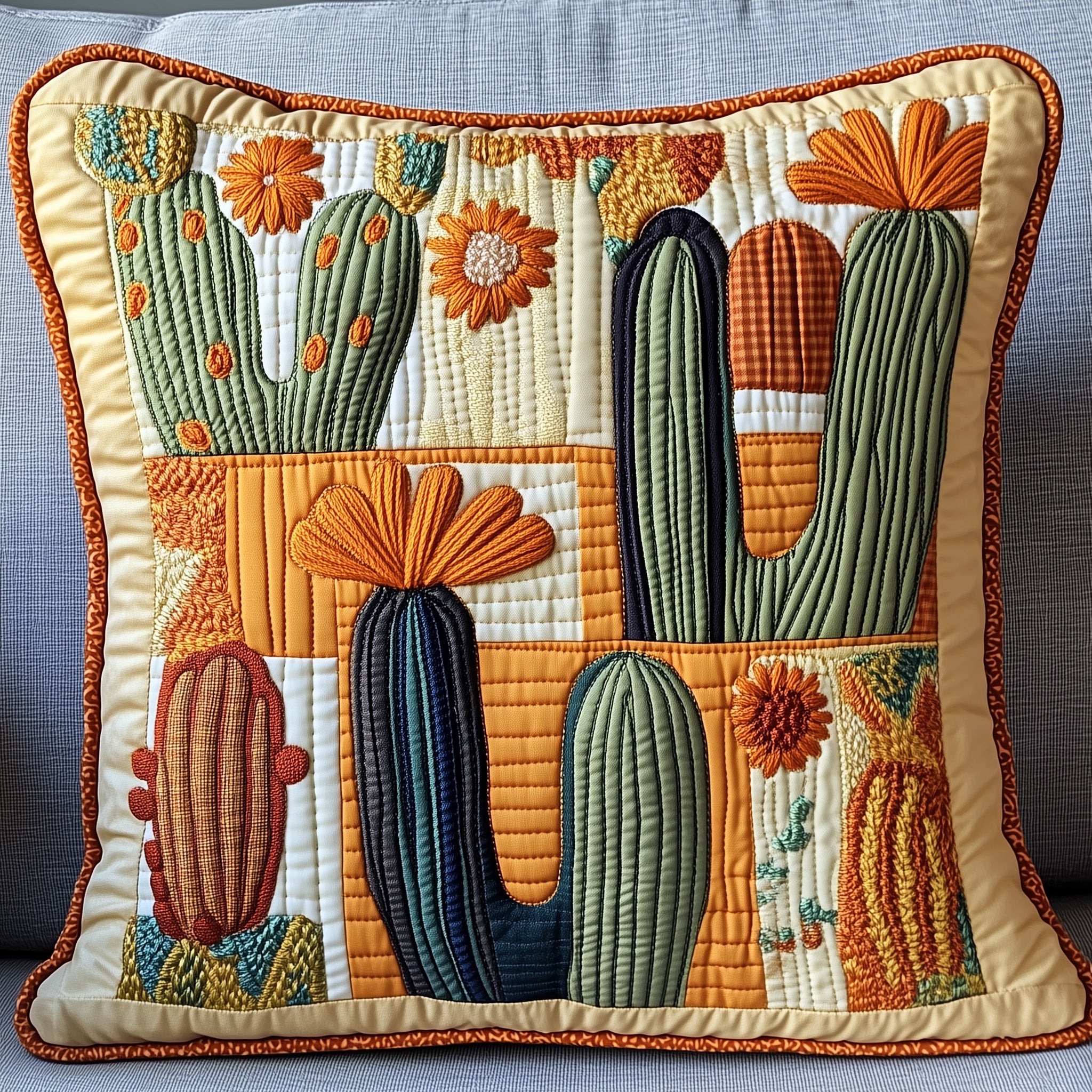 Blooming Cactus Haven Quilted Pillow Case Throw Pillow Cover ItemGift For Cactus Lover