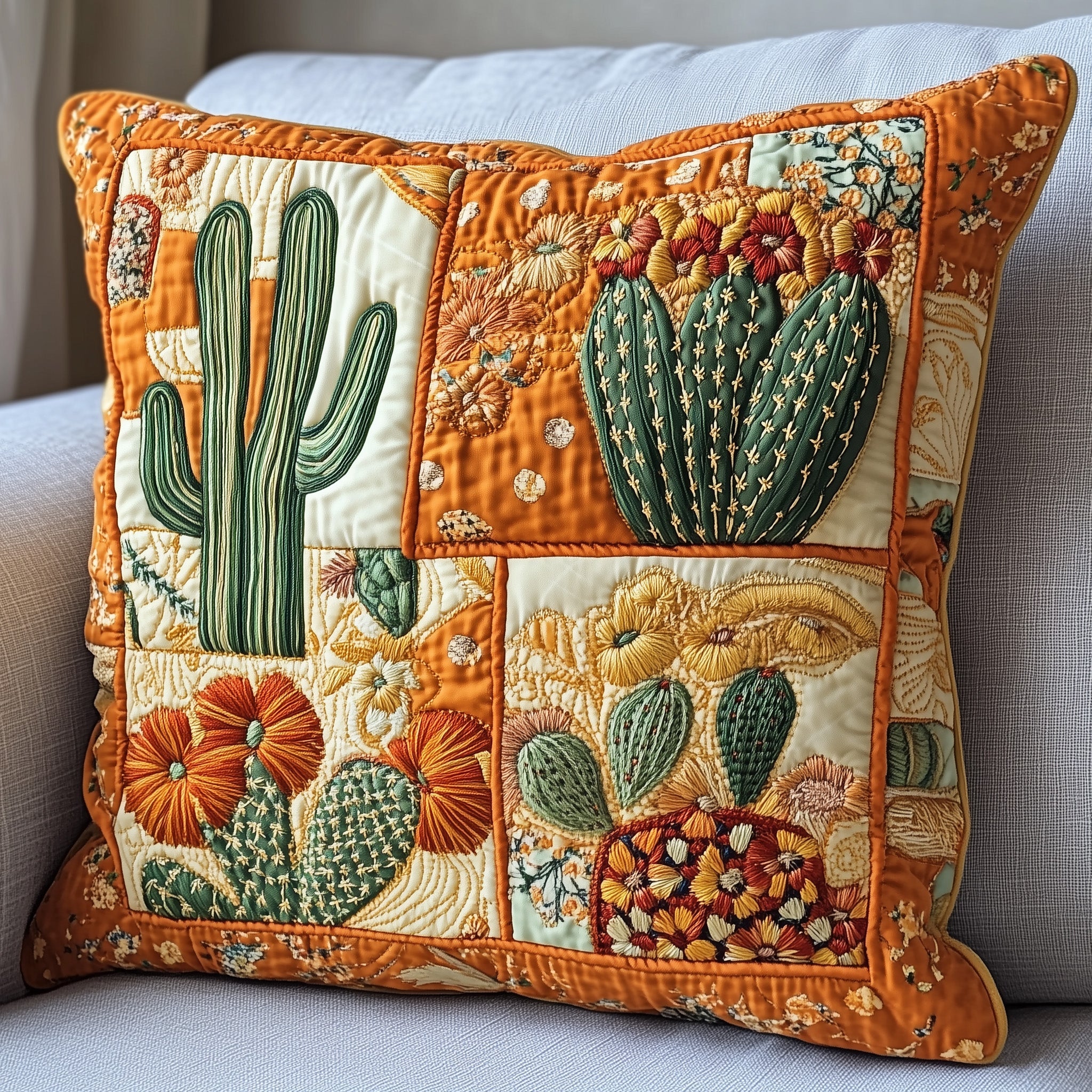 Blooming Cactus Haven Quilted Pillow Case Throw Pillow Cover ItemGifts For Cactus Lovers