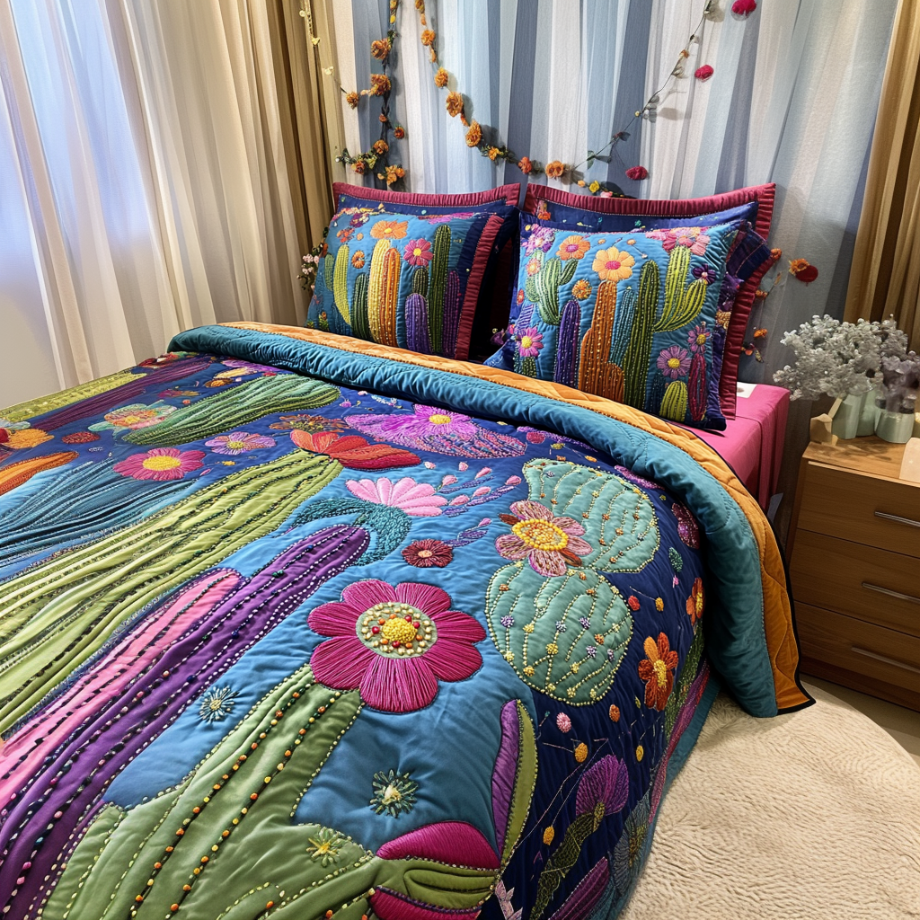 Blooming Cactus Quilted Bedding Set Holiday Duvet Covers Awesome Gifts For Cactus Lovers