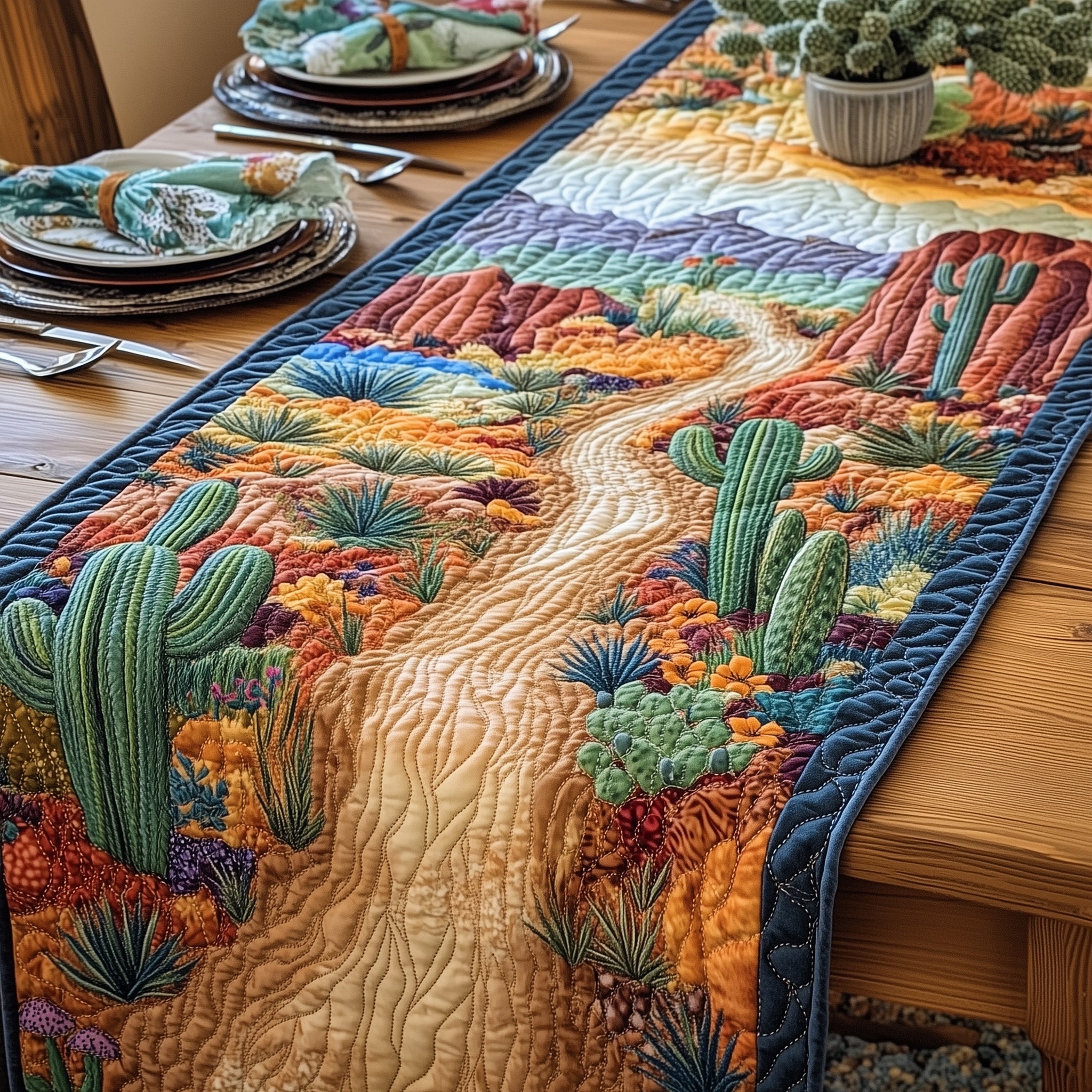 Blooming Cactus Quilted Table Runner Christmas Table Runner
