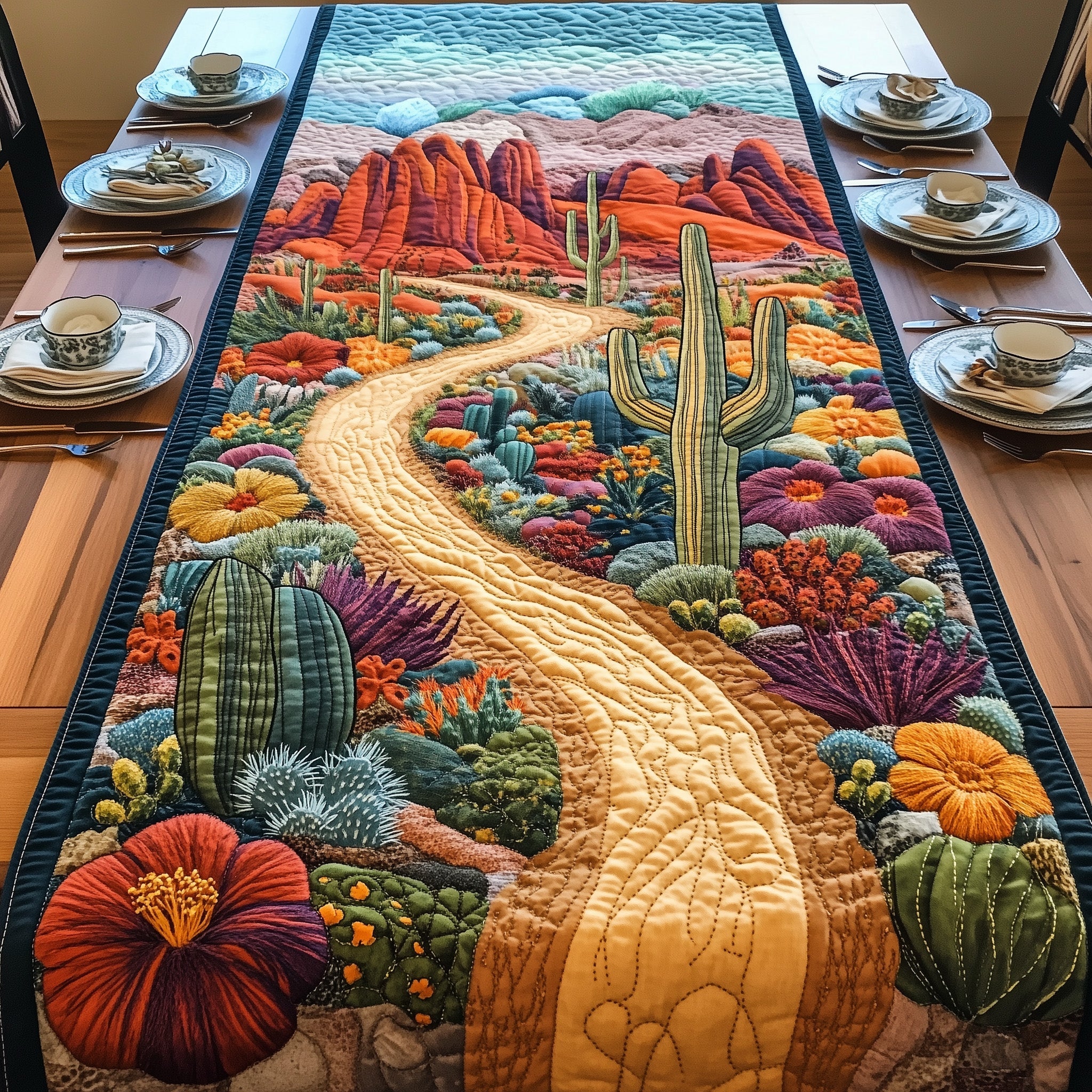 Blooming Cactus Quilted Table Runner Festive Table Runner for Dining Table