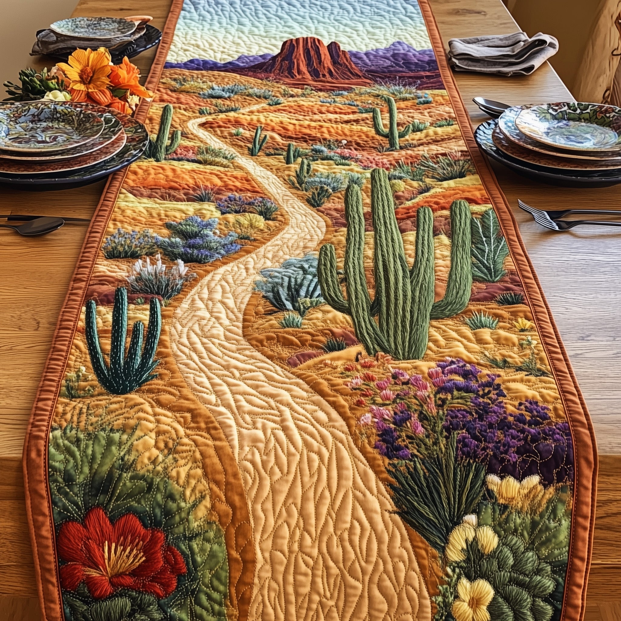 Blooming Cactus Quilted Table Runner Holiday Banquet Table Runner