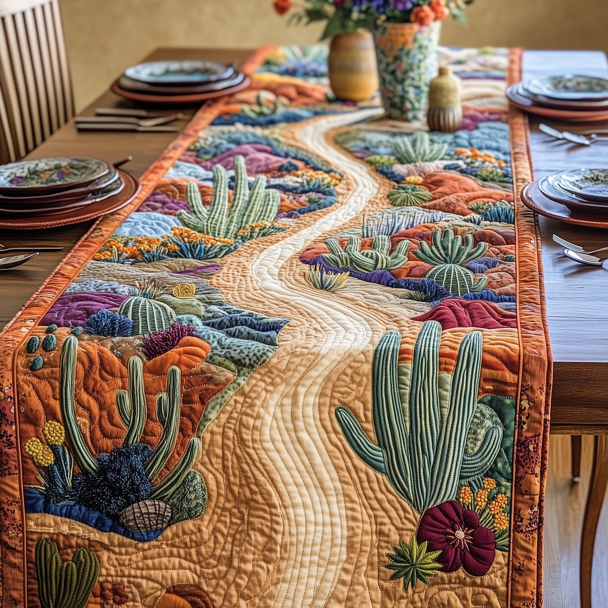 Blooming Cactus Quilted Table Runner Table Runner for Holiday Gatherings