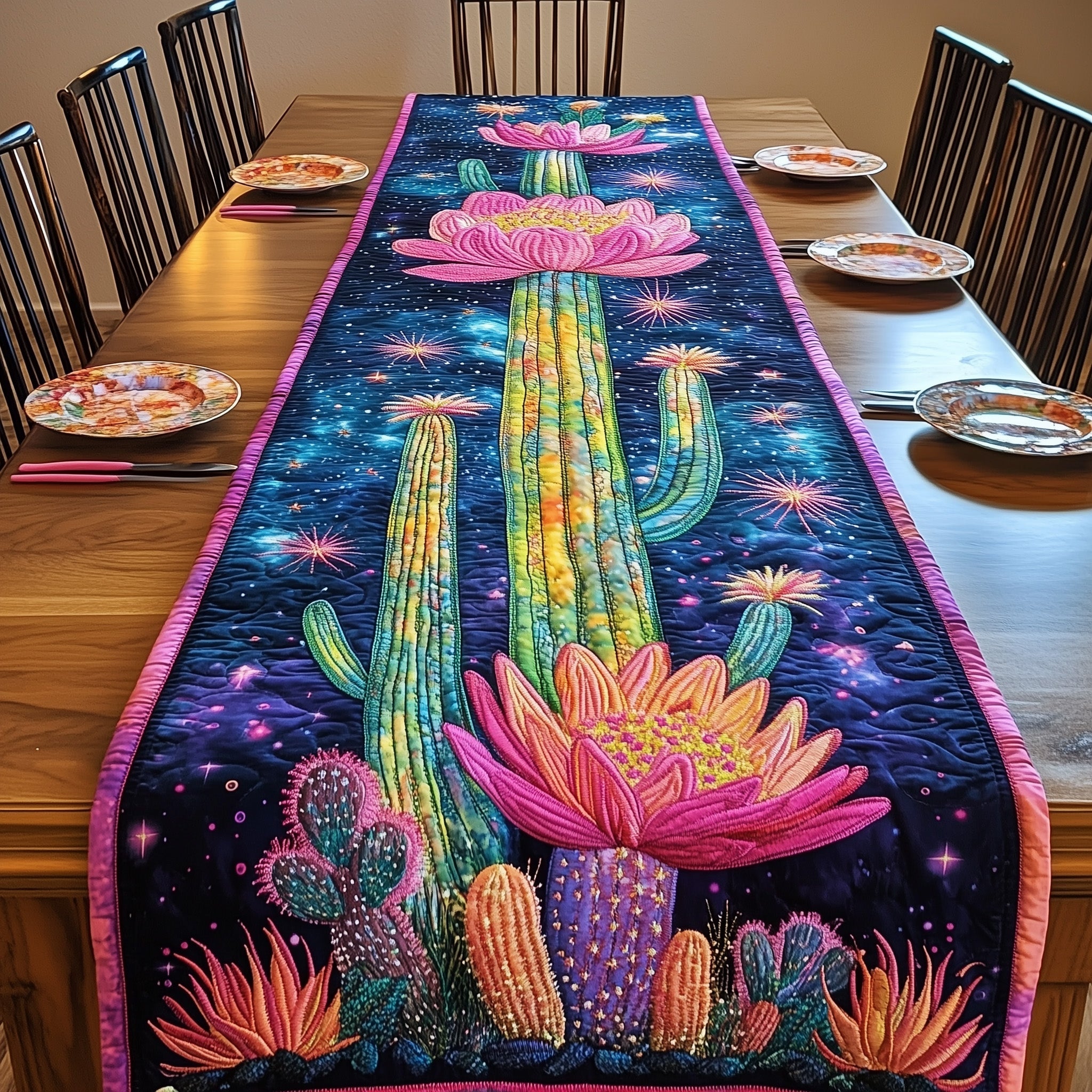 Blooming Cactus Quilted Table Runner Winter Holiday Table Runner Decor