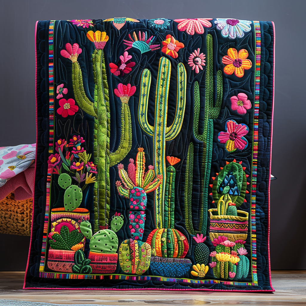 Blooming Cactus Vibrant Quilted Blanket Gift For Cactus Lover