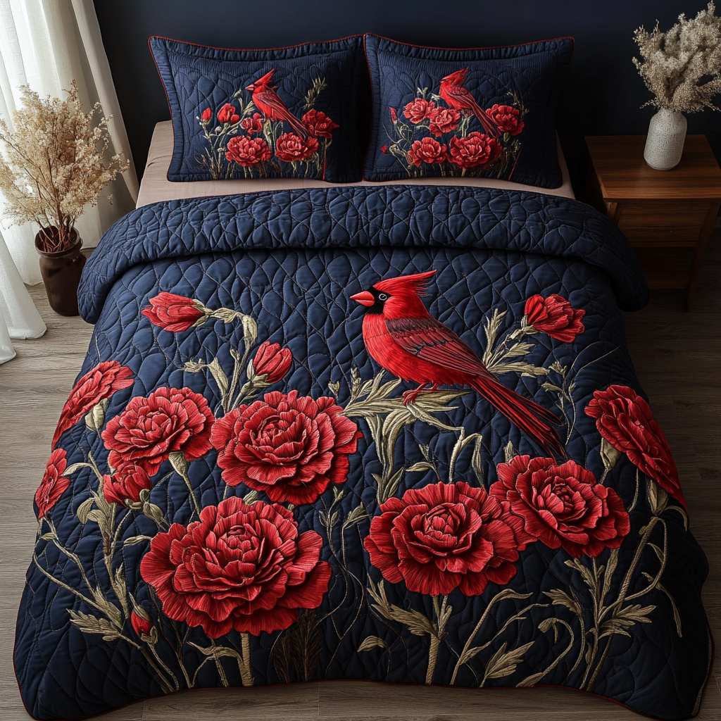Blooming Cardinal Quilted Bedding Set Holiday Duvet Cover Set Unique Cardinal Gifts