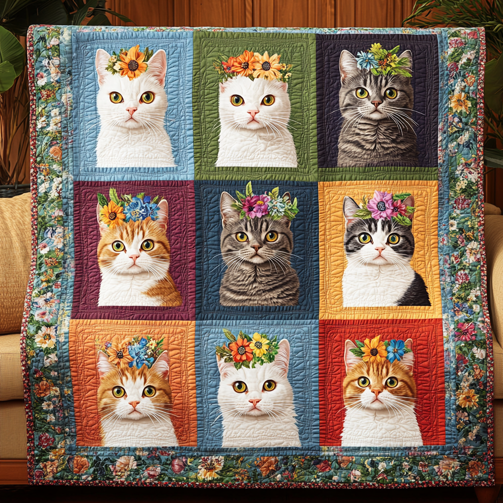 Blooming Cats Quilted Blanket Novelty Gifts For Cat Lovers