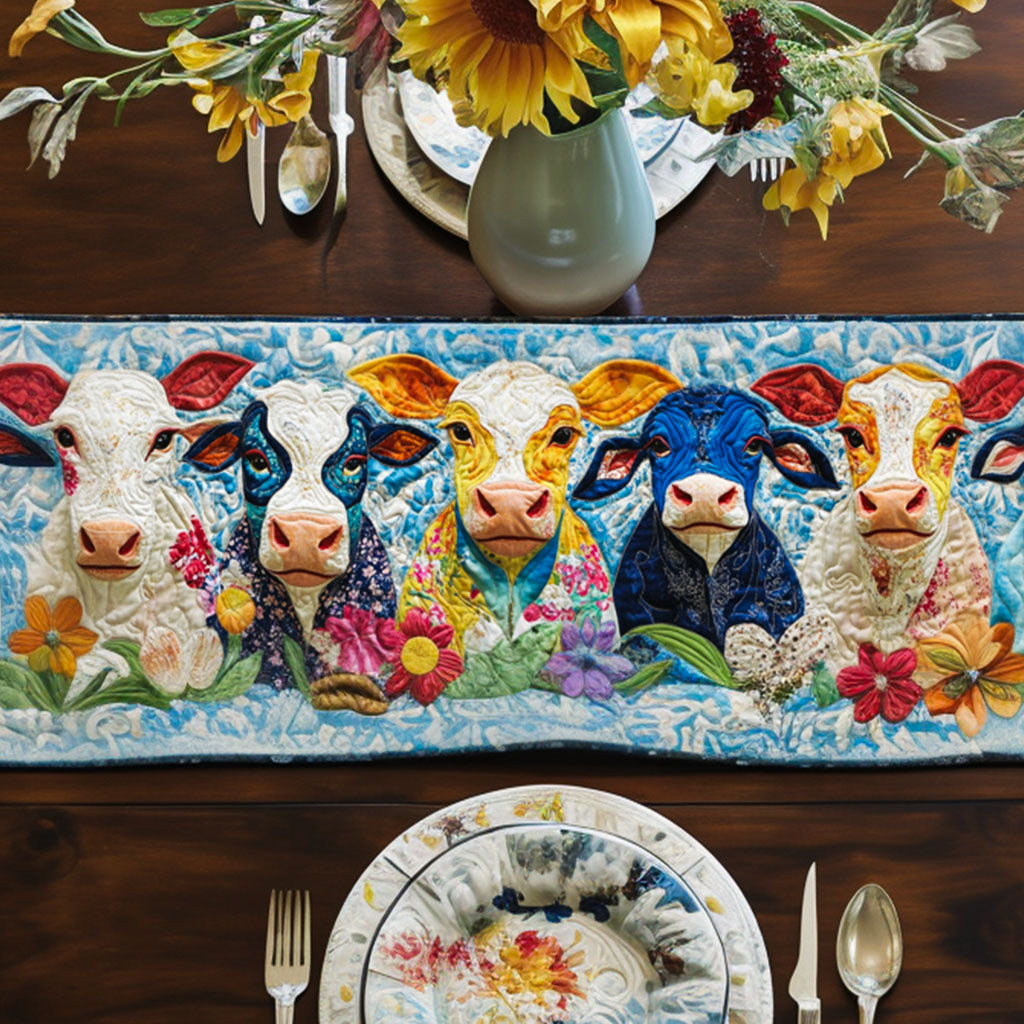 Blooming Cows Quilted Table Runner Farmhouse Holiday Table Runner Best Gifts For Cow Lovers