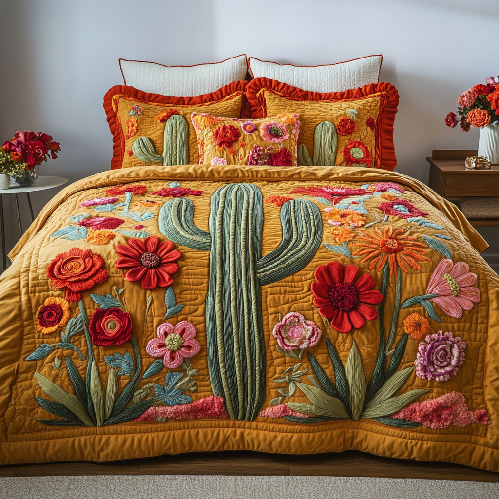 Blooming Desert Quilted Bedding Set Xmas Holiday Duvet Cover Set Cactus Housewarming Gift