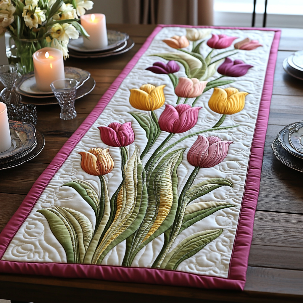 Blooming Elegance Quilted Table Runner Dining Room Decor Tulip Gifts For Her