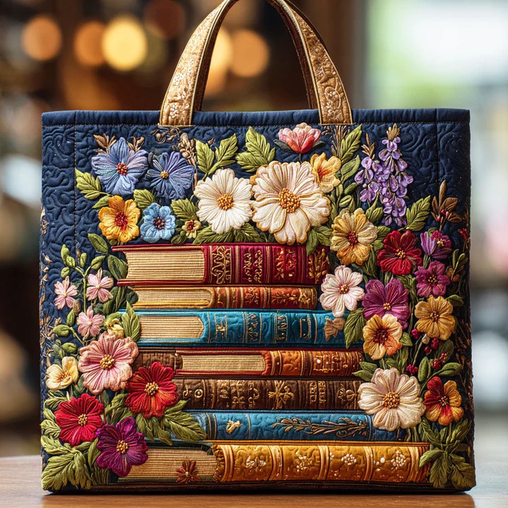 Blooming Floral Book Stack Quilted Tote Bag Bookworm Literary Garden Reader Mother Day's Gift Ideas