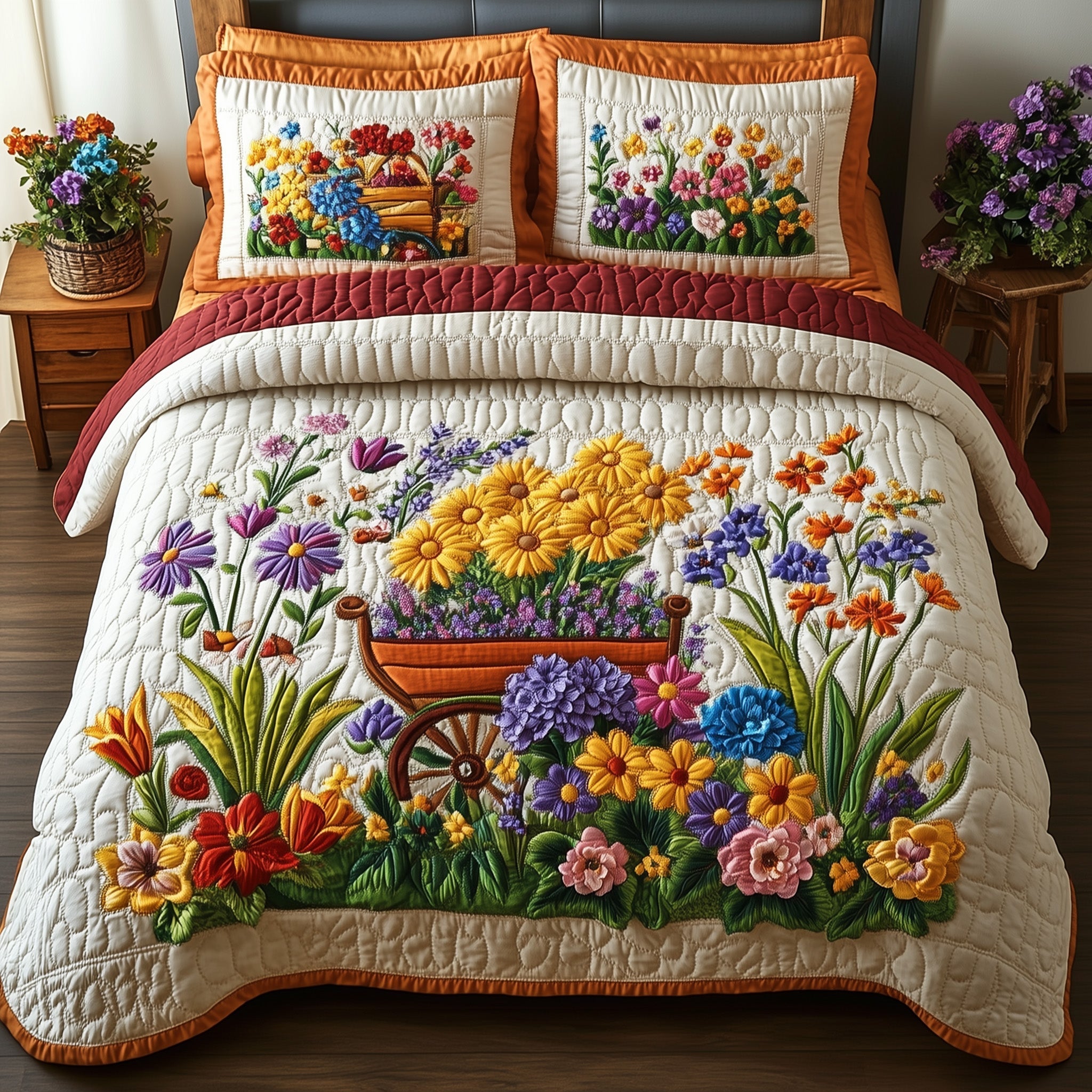 Blooming Garden Quilted Bedding Set Floral Bedroom Decor Best Gift For Flower Lovers