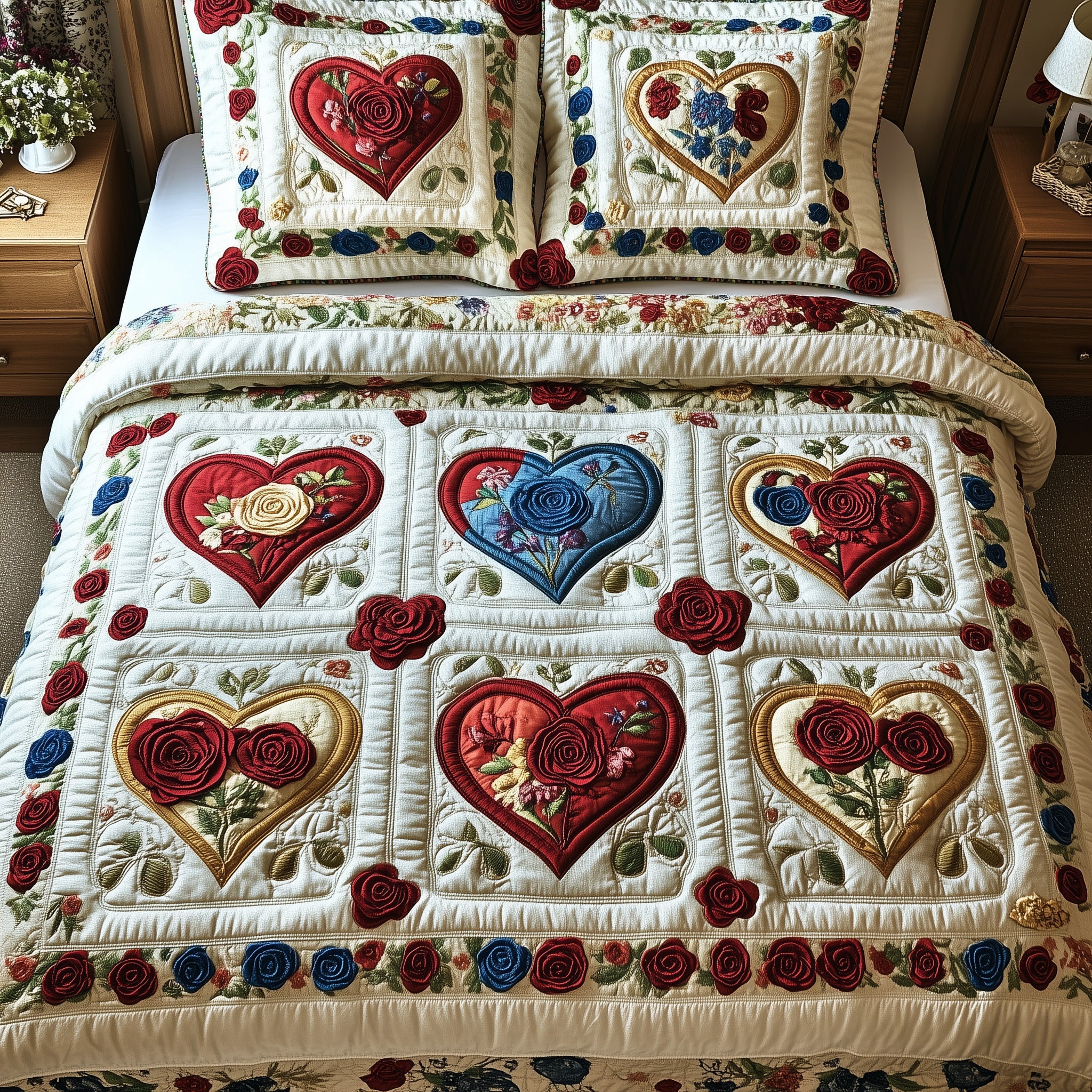Blooming Heart Quilted Bedding Set Duvet Cover Bed Sheet Christmas Gifts For A Household