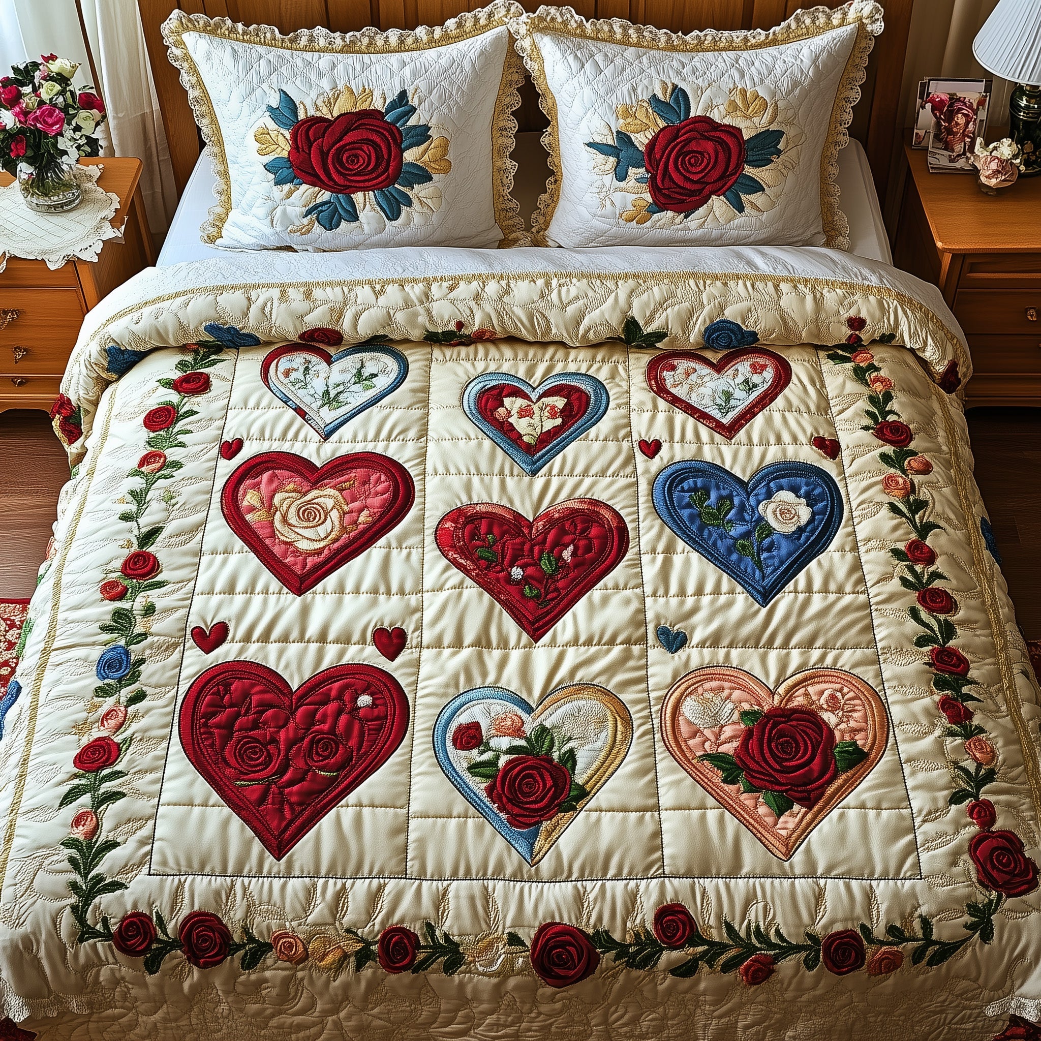 Blooming Heart Quilted Bedding Set Duvet Cover Bed Sheet Mother In Law Christmas Gift Ideas