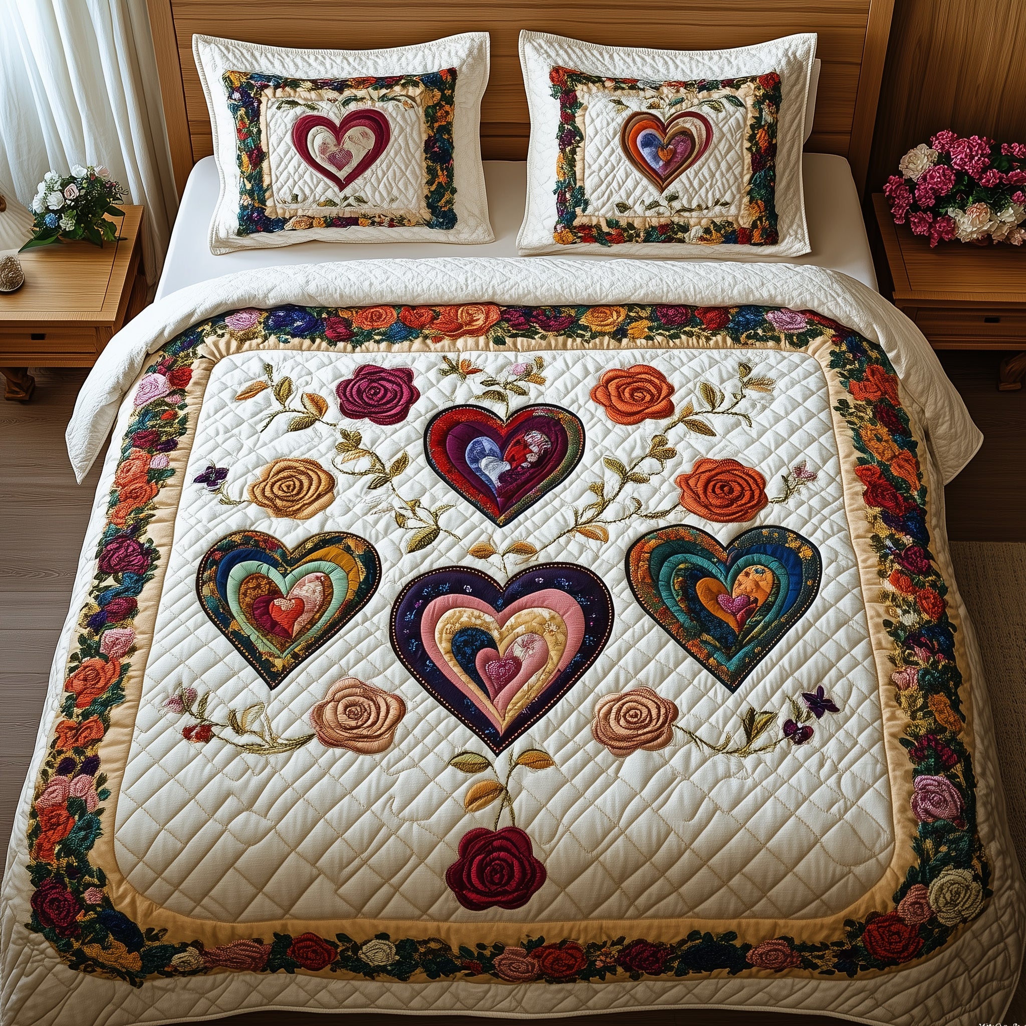 Blooming Heart Quilted Bedding Set Duvet Cover Merchandise Christmas Gifts For Brother And Sister In Law