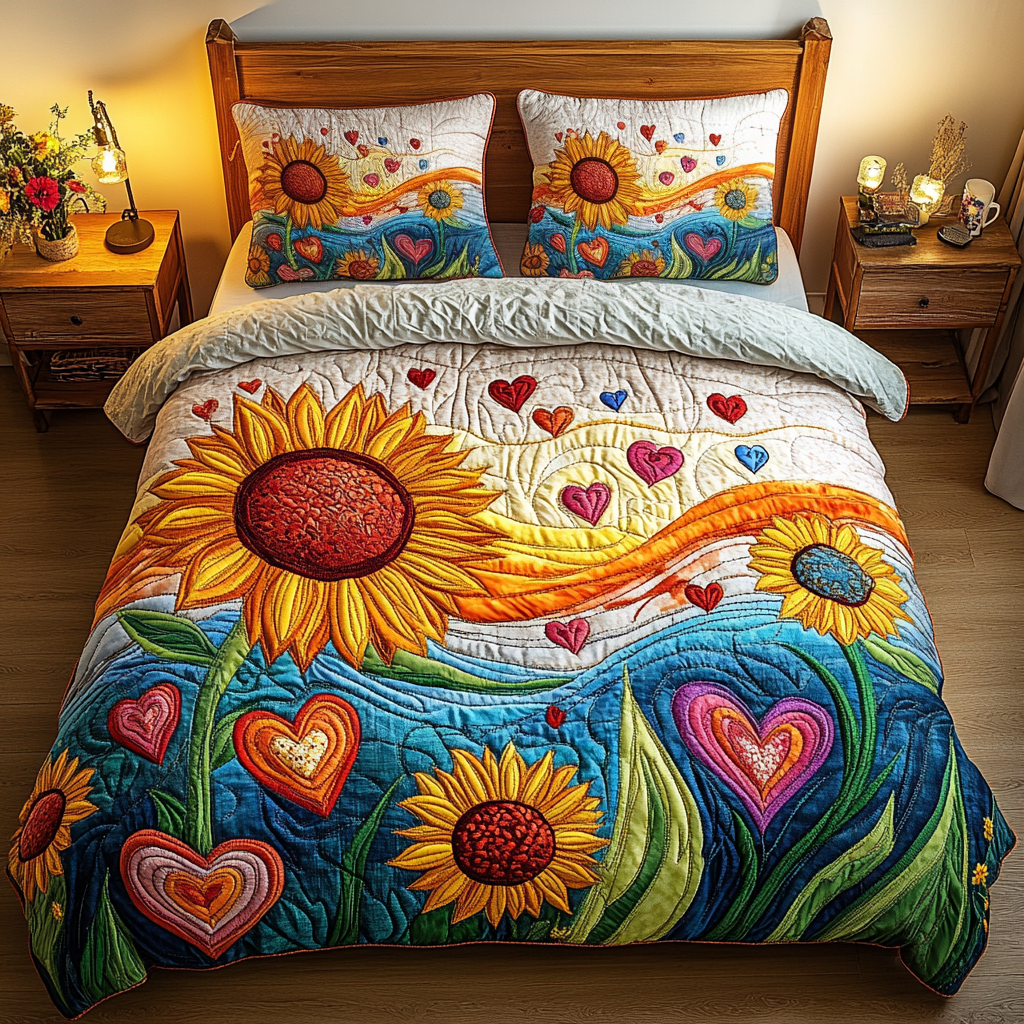 Blooming Hearts Quilted Bedding Set Bedroom Decor Ideas Gifts For Sunflower Lovers