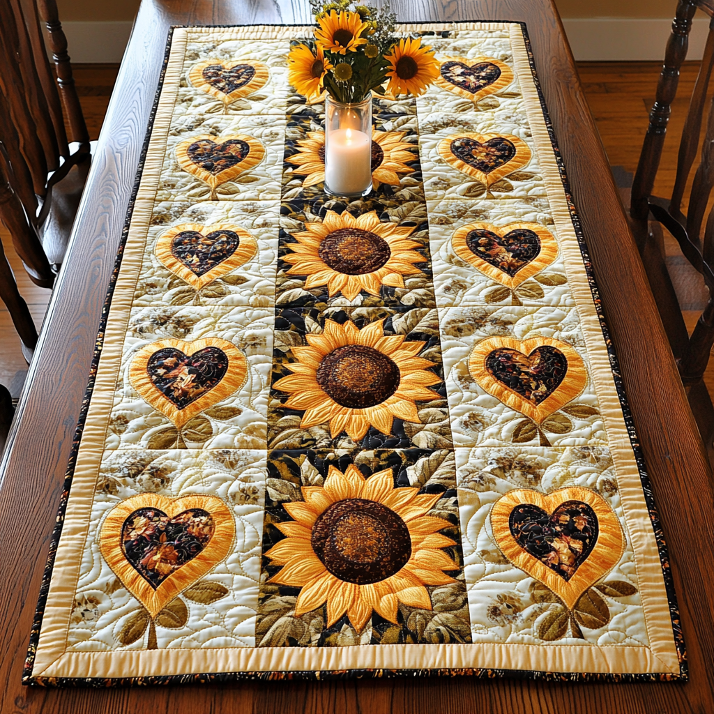 Blooming Hearts Quilted Table Runner Yellow Floral Table Runner Dinner Table Decor Ideas