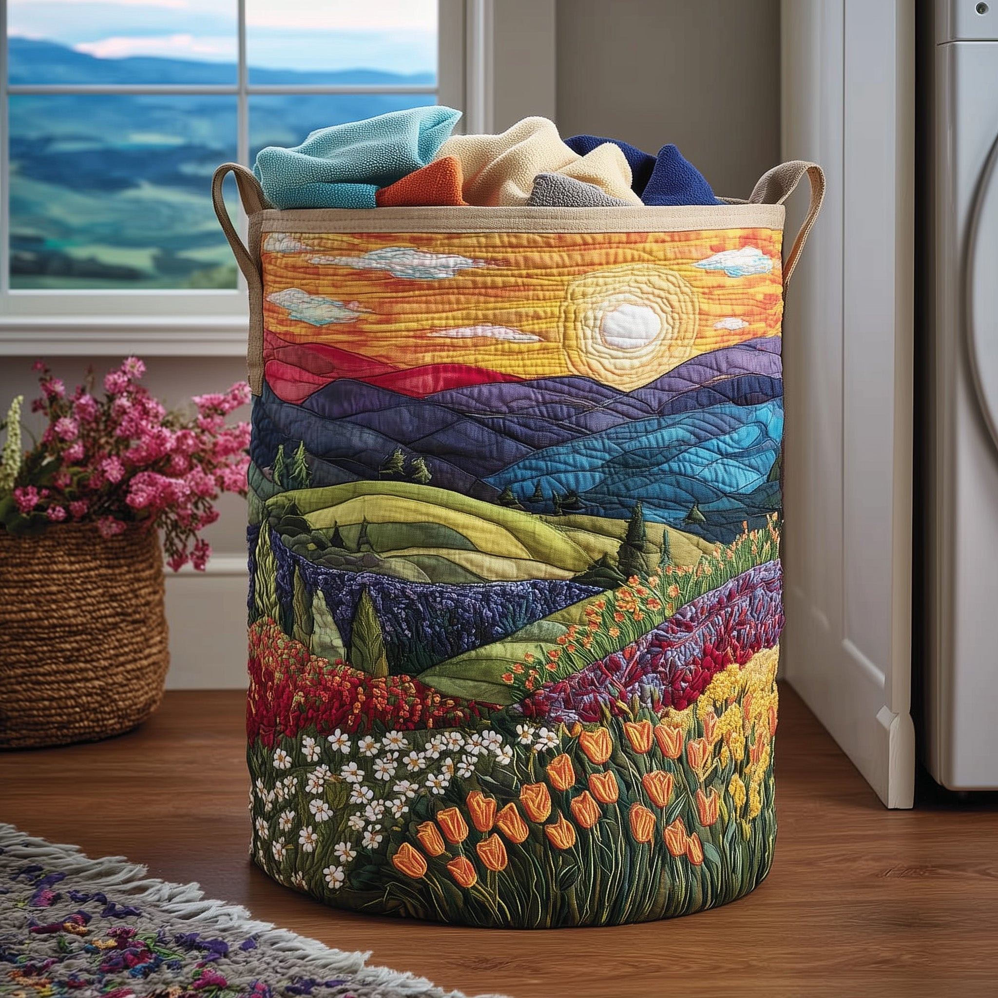 Blooming Hill Quilted Laundry Basket Interior Decor Accents Flower Graphic Gifts For Women