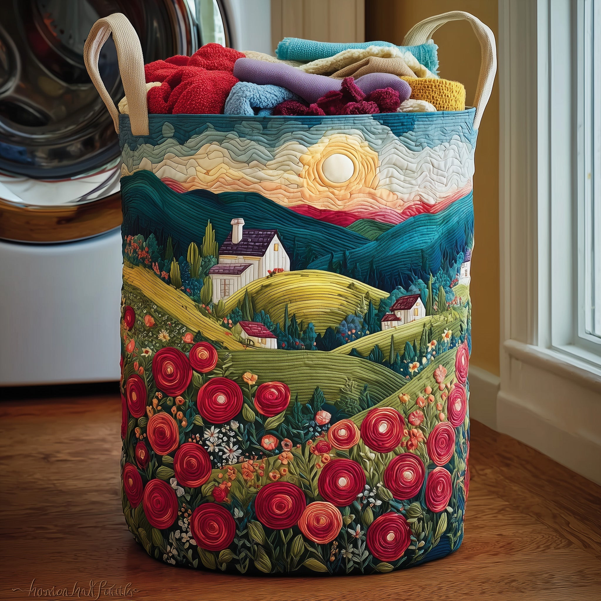 Blooming Hill Quilted Laundry Basket Nature Themed Modern Interior Decor Presents For Girlfriend