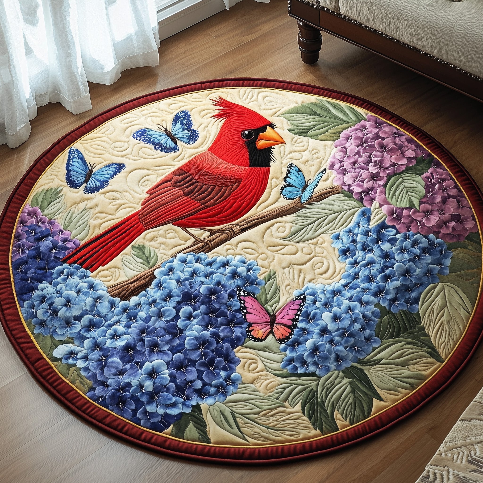 Blooming Hydrangea Carrdinal Quilted Round Mat Handcrafted Quilted Round Mat for Special Touch