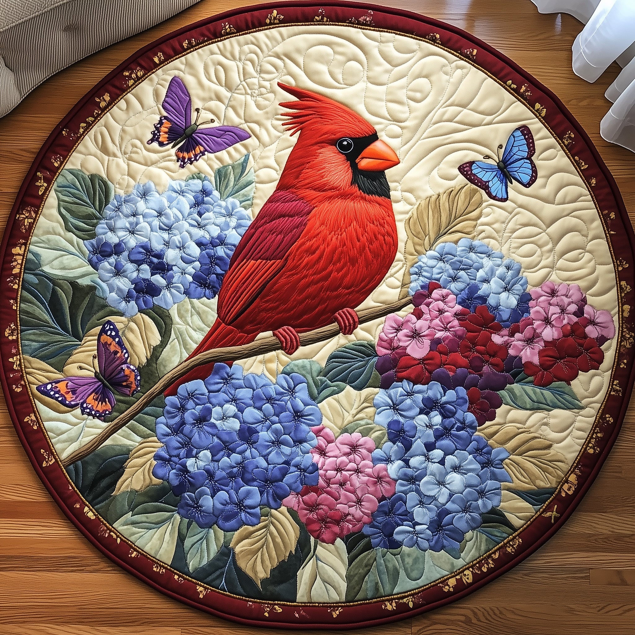 Blooming Hydrangea Carrdinal Quilted Round Mat High-Quality Quilted Round Mat for Soft Comfort