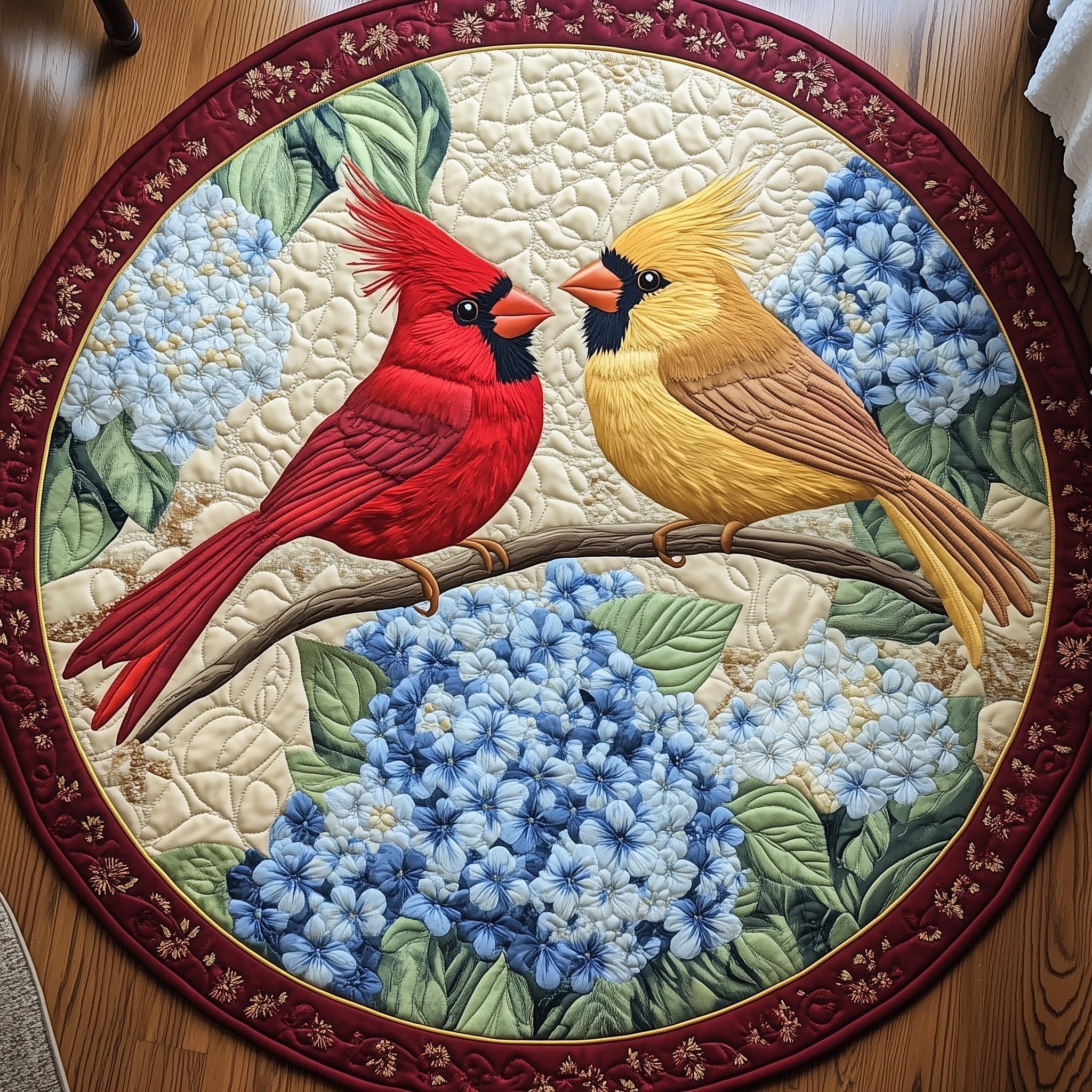 Blooming Hydrangea Carrdinal Quilted Round Mat Non-Slip Quilted Round Mat for Safety and Style