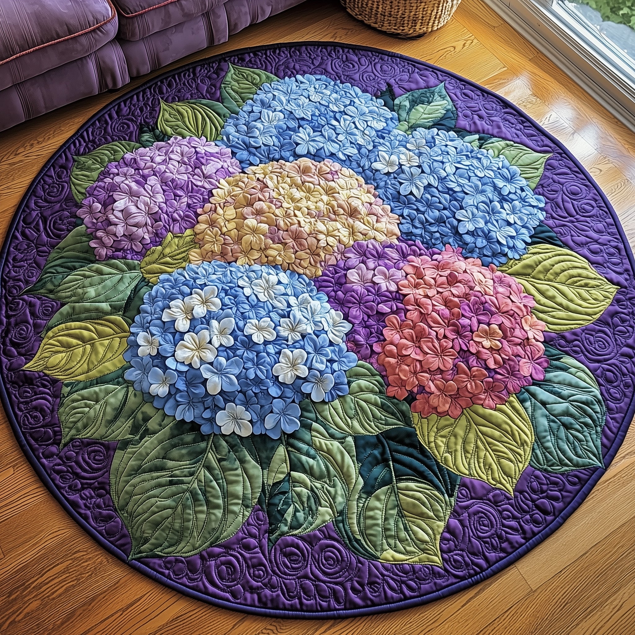 Blooming Hydrangea Paradise Quilted Round Mat Classic Quilted Round Mat for Timeless Decor