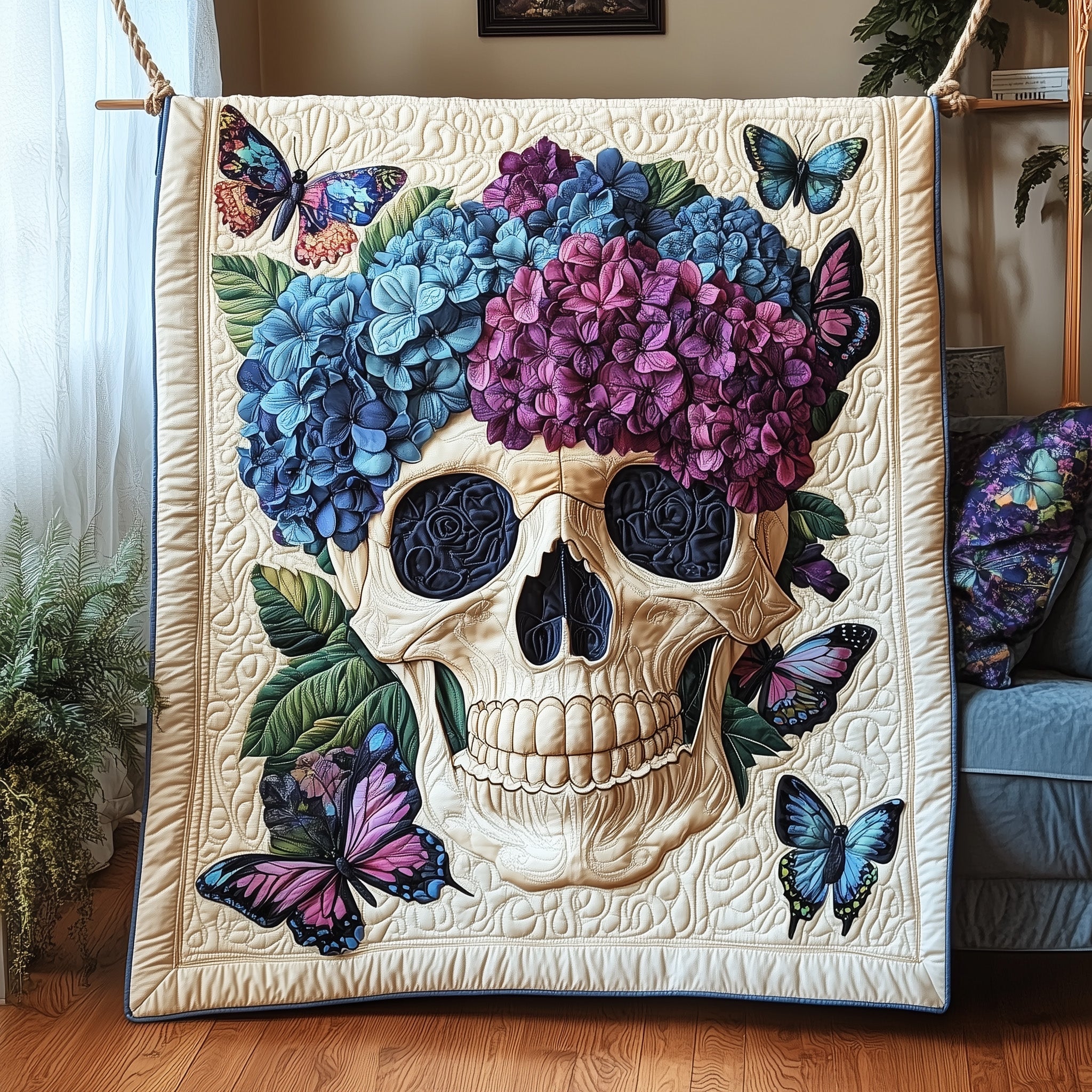 Blooming Hydrangea Skull Quilted Blanket Sofa Throw BlanketChristmas Skull Gifts For Her
