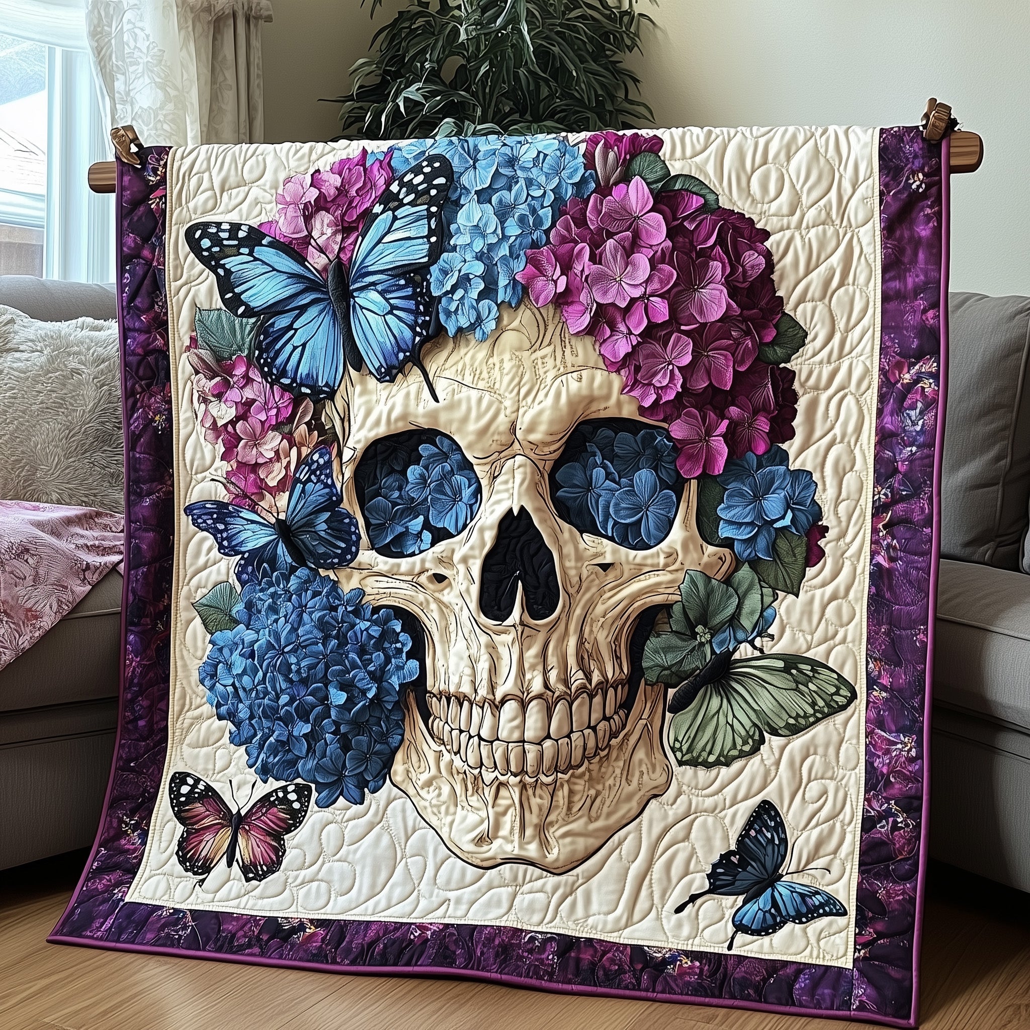 Blooming Hydrangea Skull Quilted Blanket Sofa Throw BlanketChristmas Skull Gifts For Him