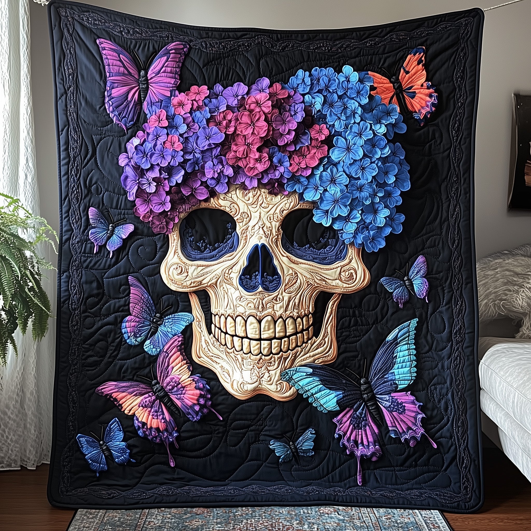 Blooming Hydrangea Skull Quilted Blanket Sofa Throw BlanketCool Skull Gifts For Her