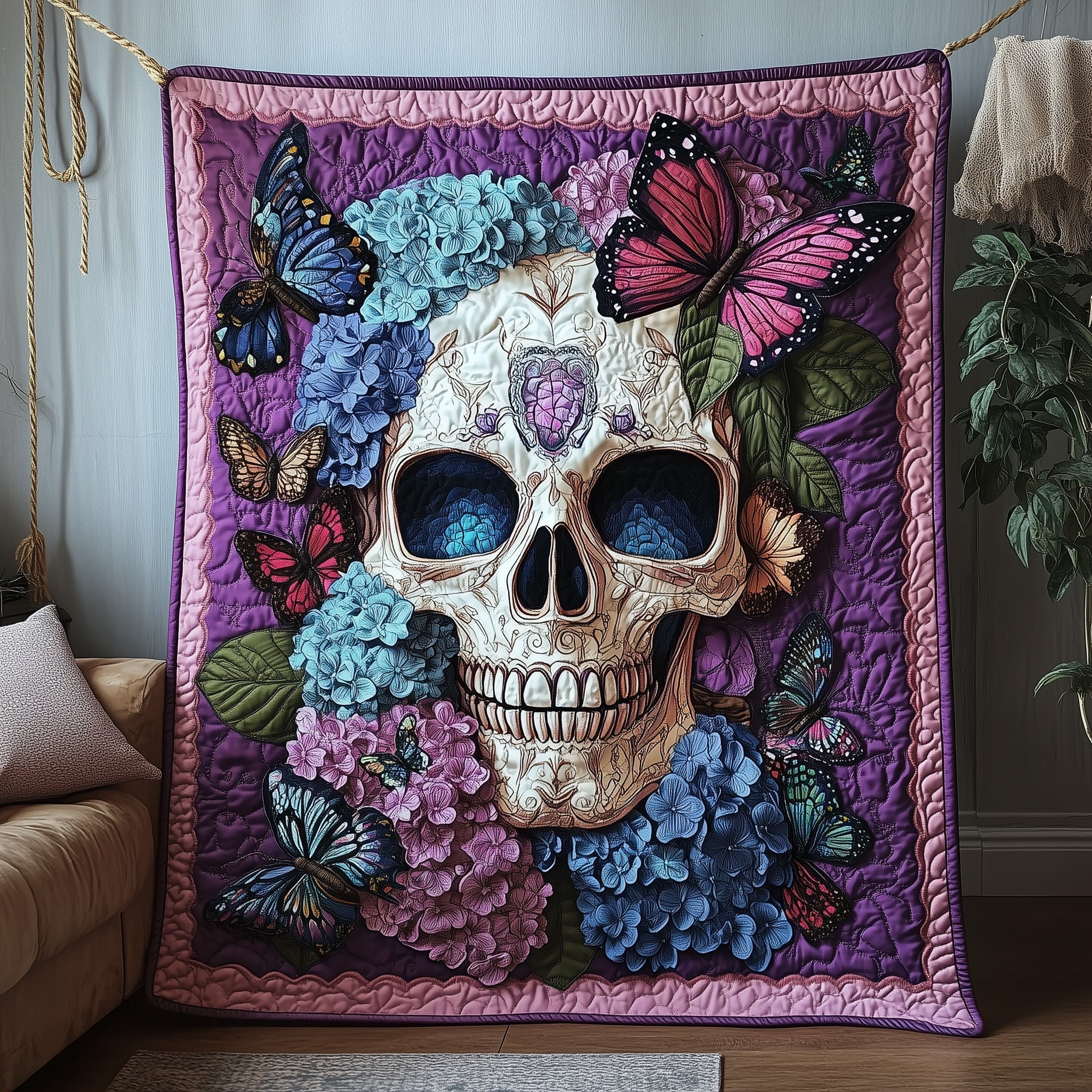 Blooming Hydrangea Skull Quilted Blanket Sofa Throw BlanketGifts For Skull Lovers