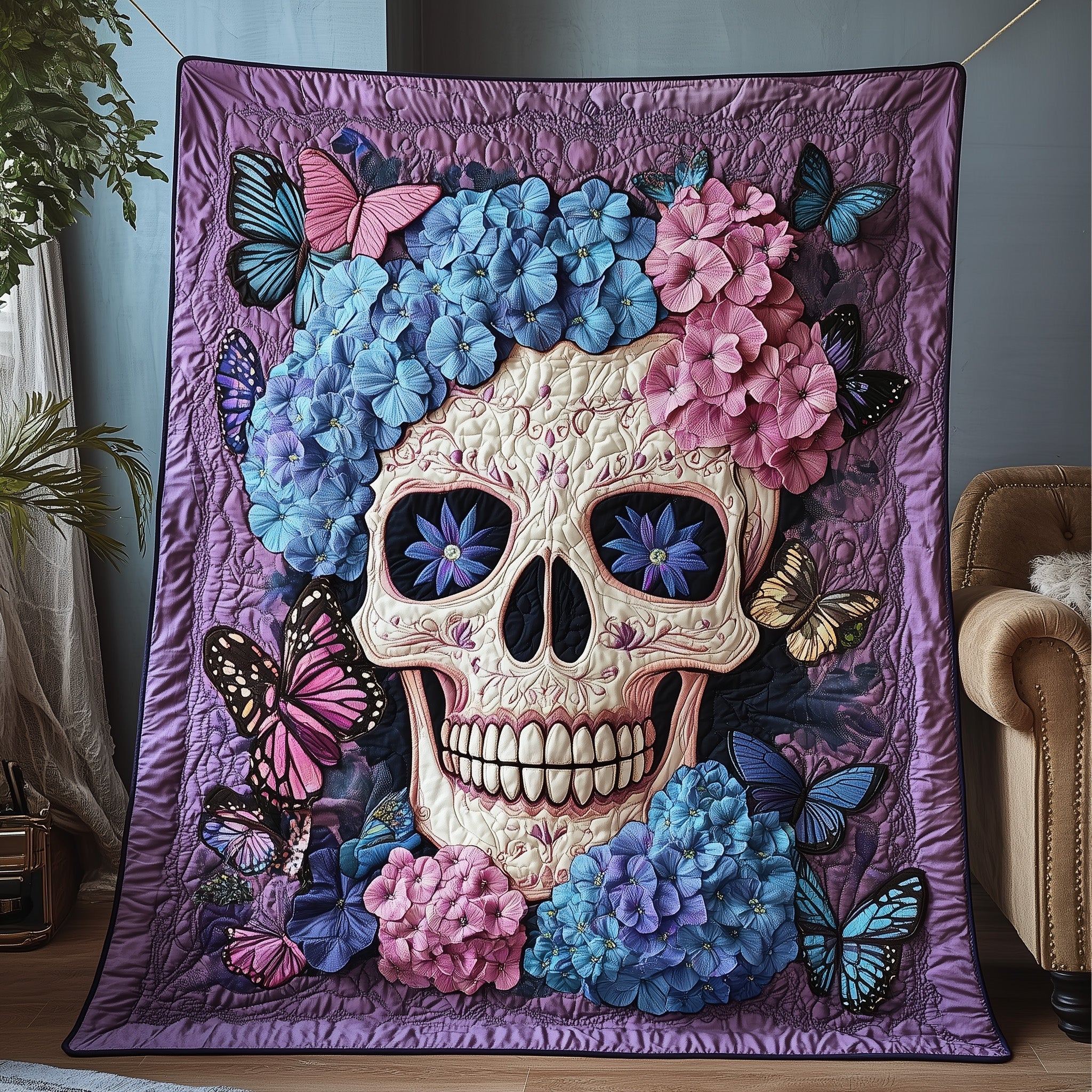Blooming Hydrangea Skull Quilted Blanket Sofa Throw BlanketSkull Gifts For Men
