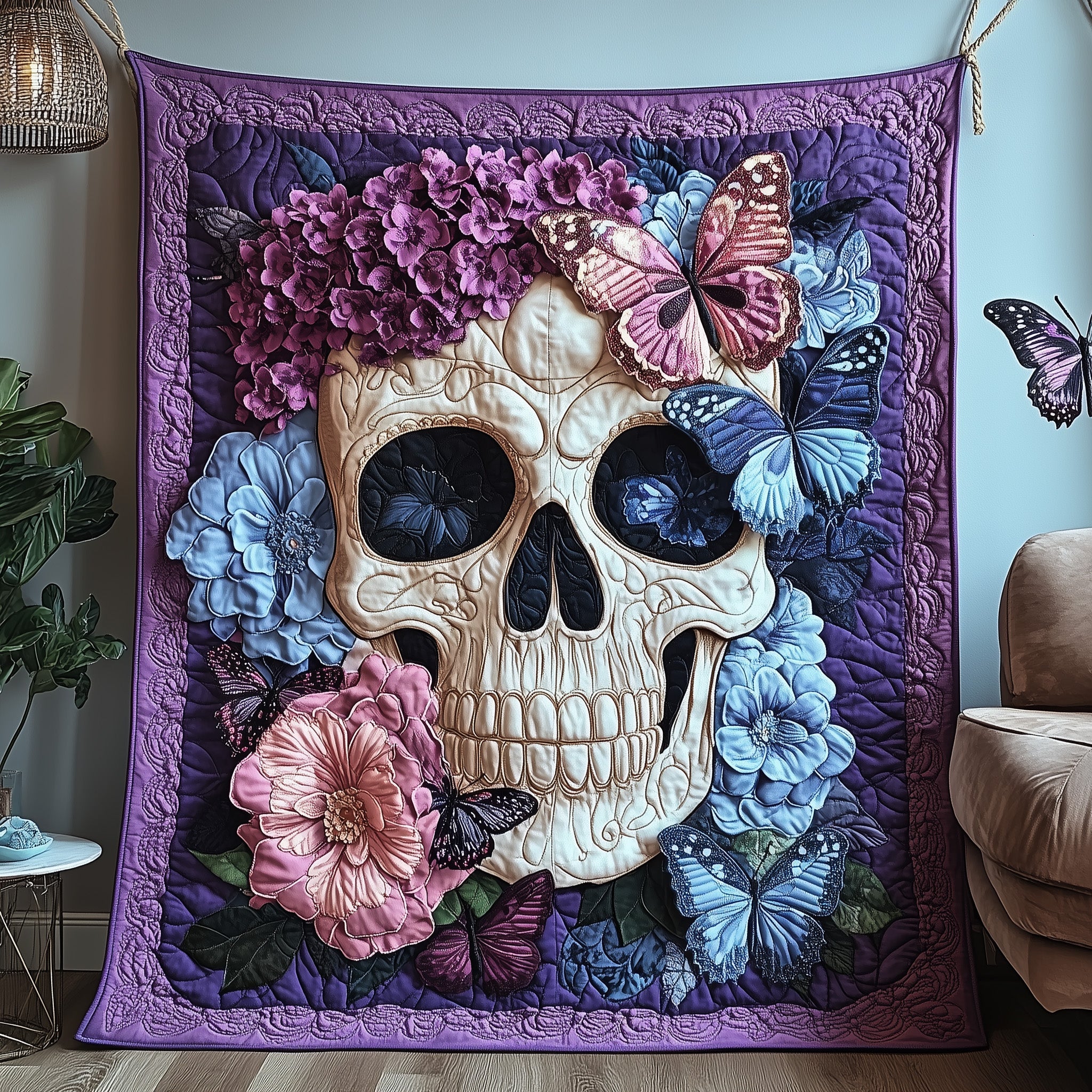 Blooming Hydrangea Skull Quilted Blanket Sofa Throw BlanketSkull Items For Gifts Christmas