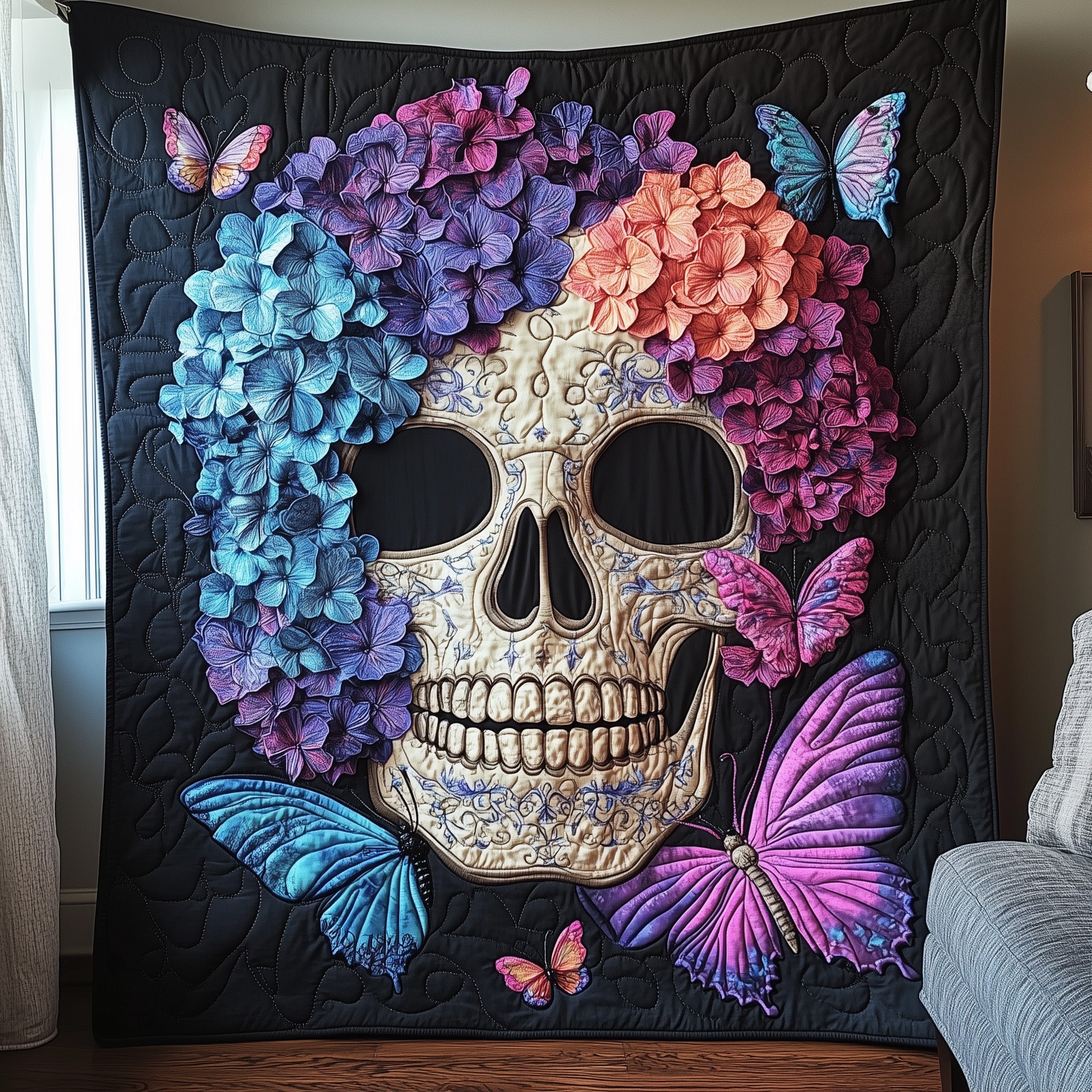 Blooming Hydrangea Skull Quilted Blanket Sofa Throw BlanketSkull Presents For Her
