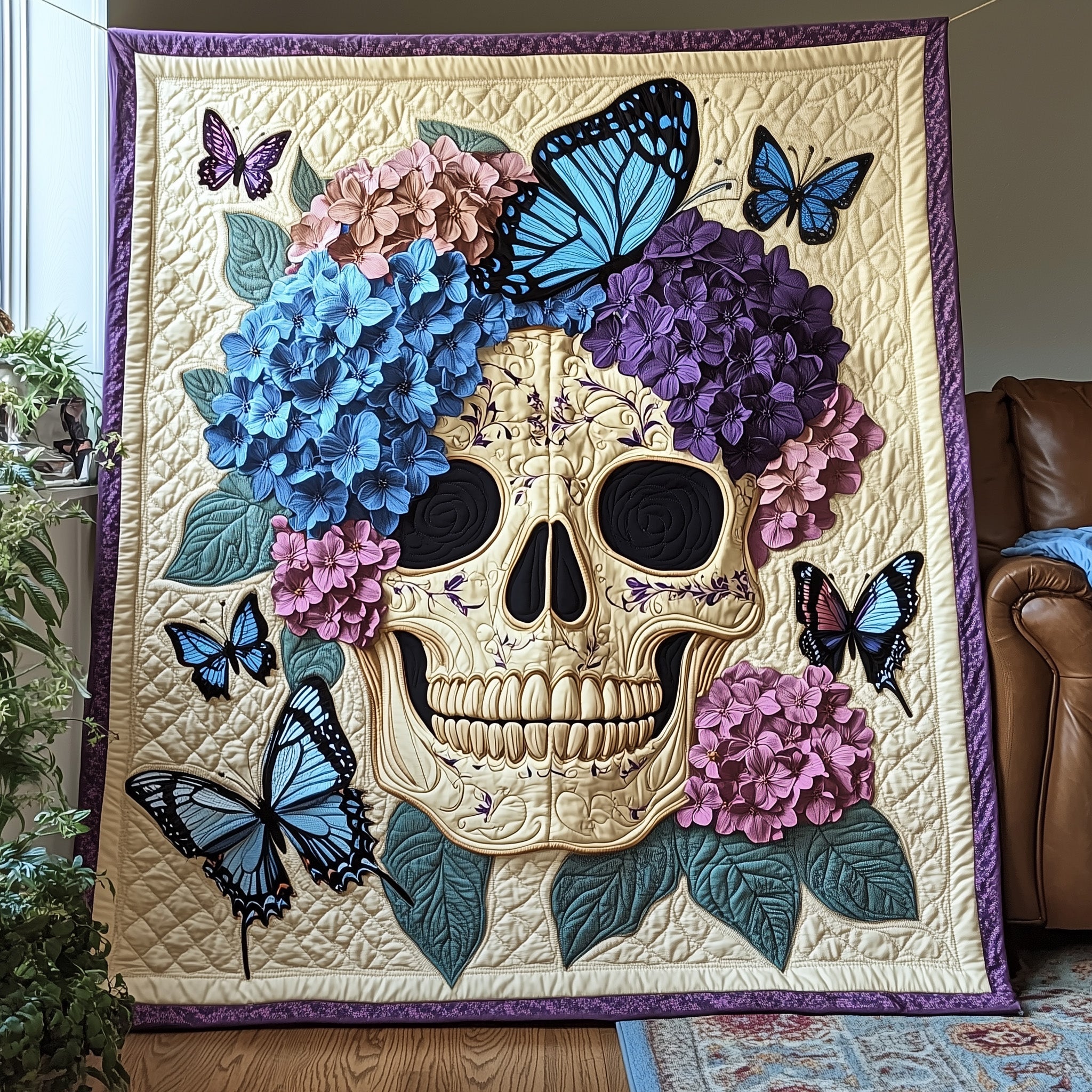 Blooming Hydrangea Skull Quilted Blanket Sofa Throw BlanketSkull Themed Gifts