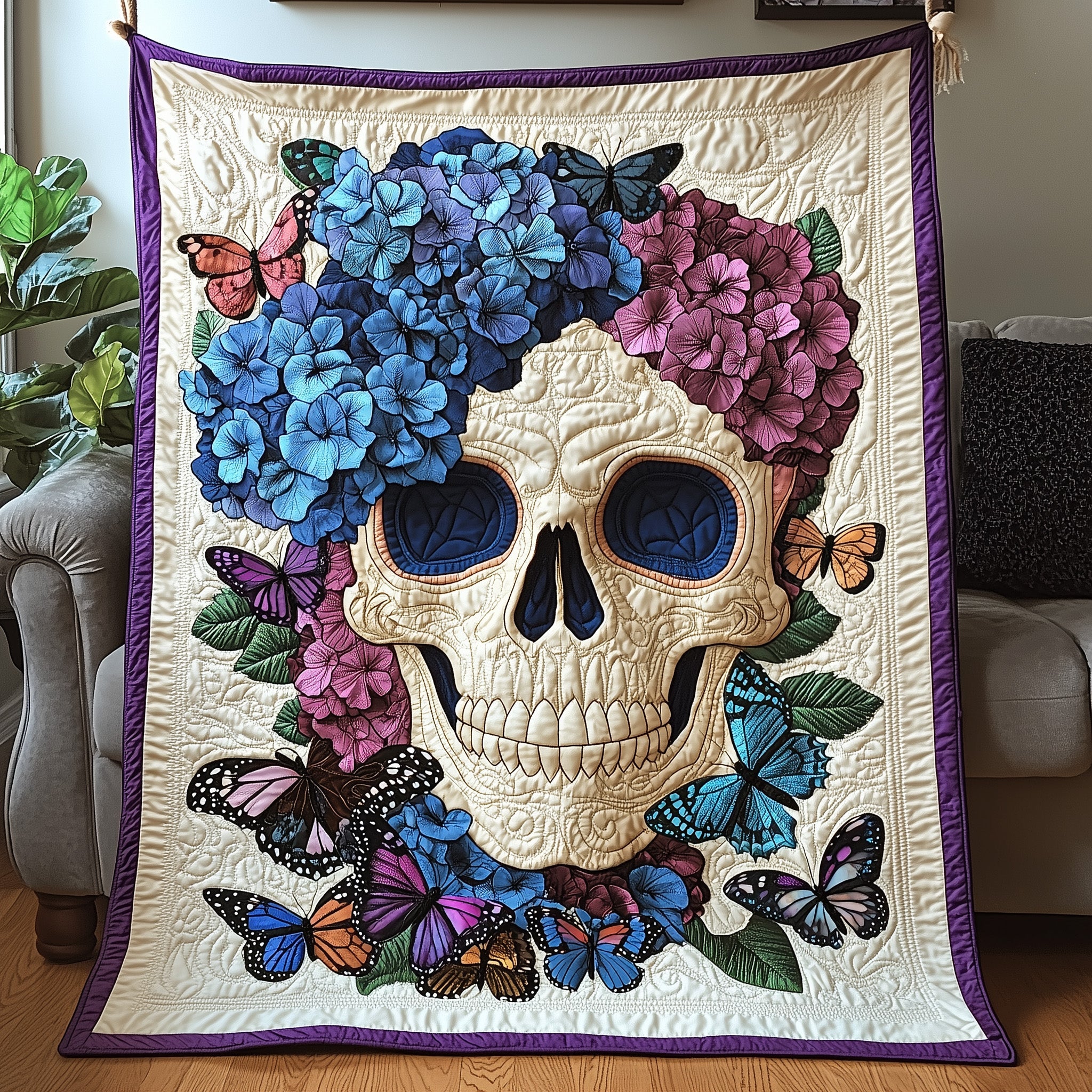 Blooming Hydrangea Skull Quilted Blanket Sofa Throw BlanketUnique Skull Gifts Christmas