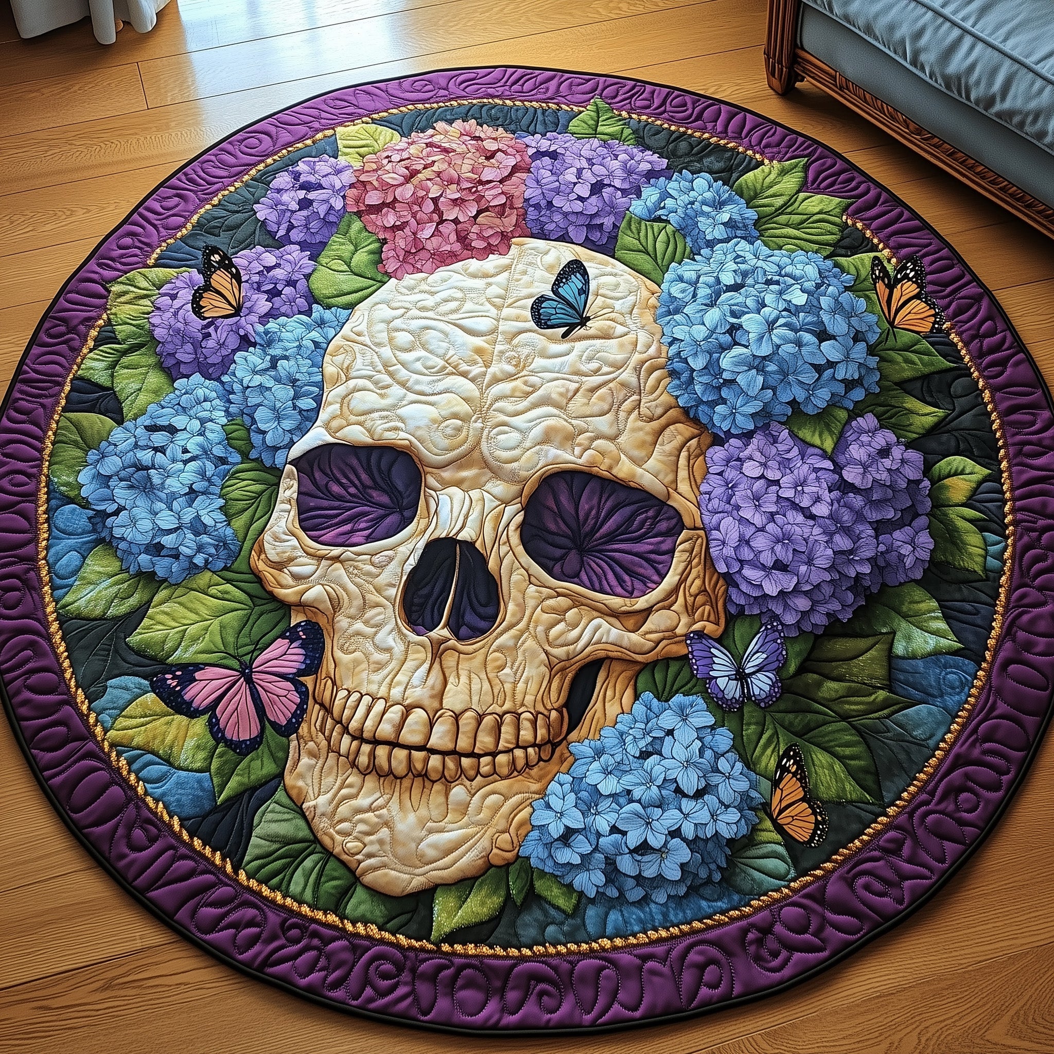 Blooming Hydrangea Skull Quilted Round Mat Christmas Gift