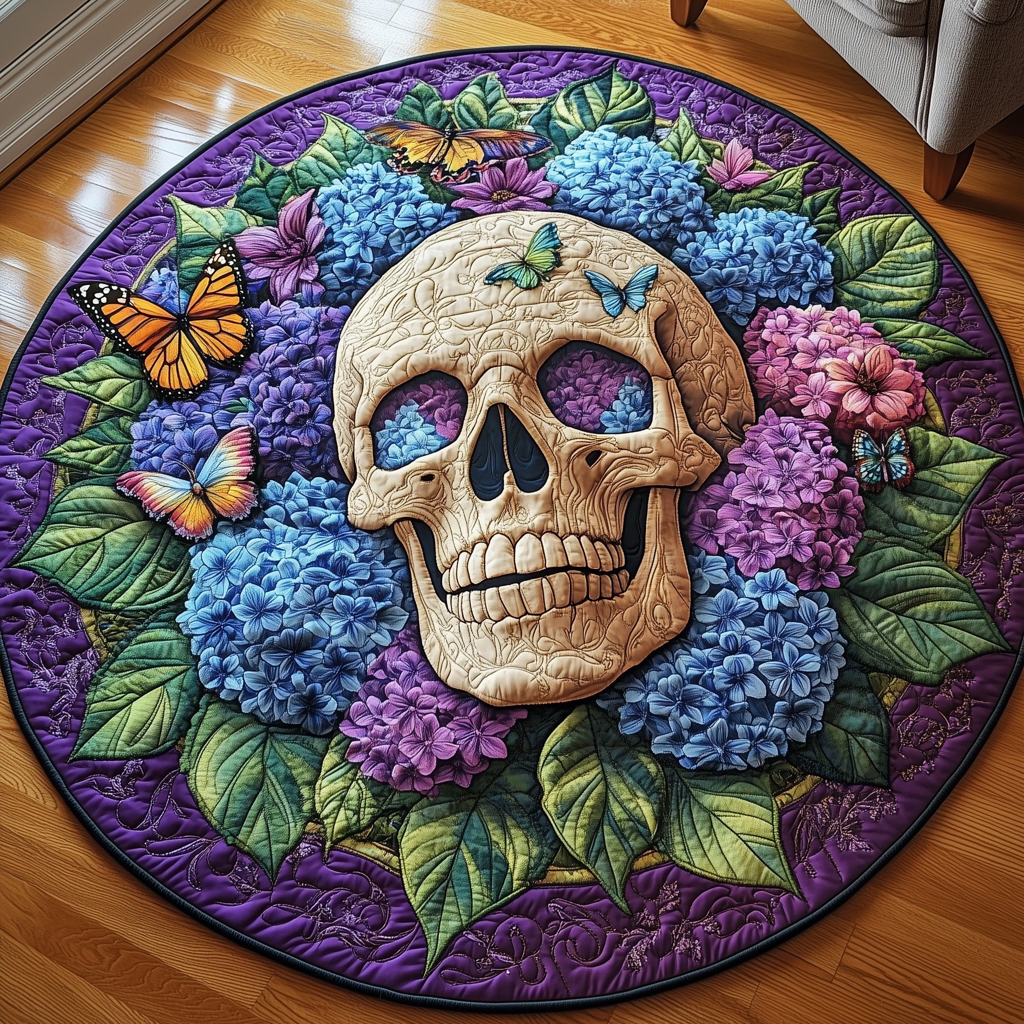 Blooming Hydrangea Skull Quilted Round Mat Cozy Quilted Round Mat for Warm Ambiance